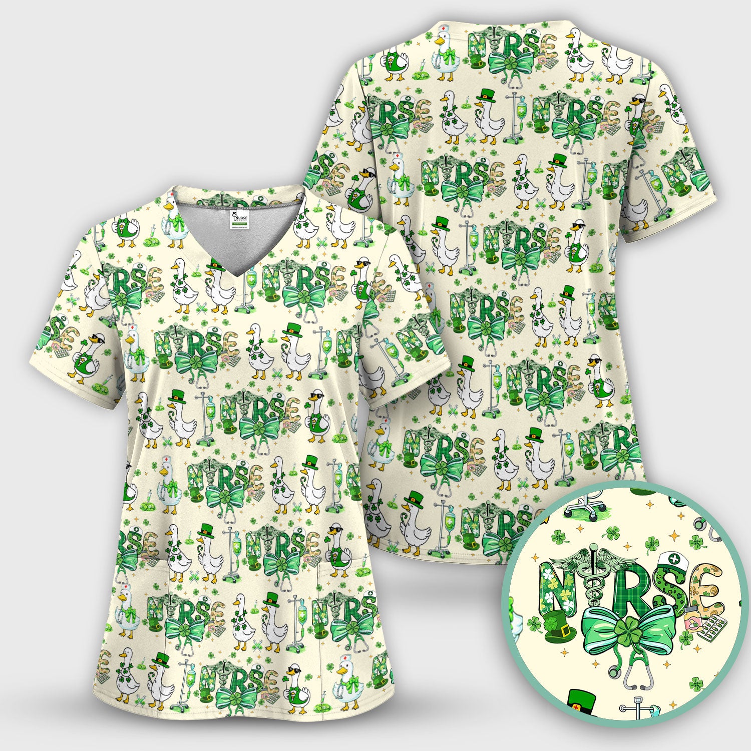 Funny Goose Nurse Shamrock Scrub Top, St. Patrick’s Day Nurse Pattern Shirt, Breathable Fabrics Nursing Uniform
