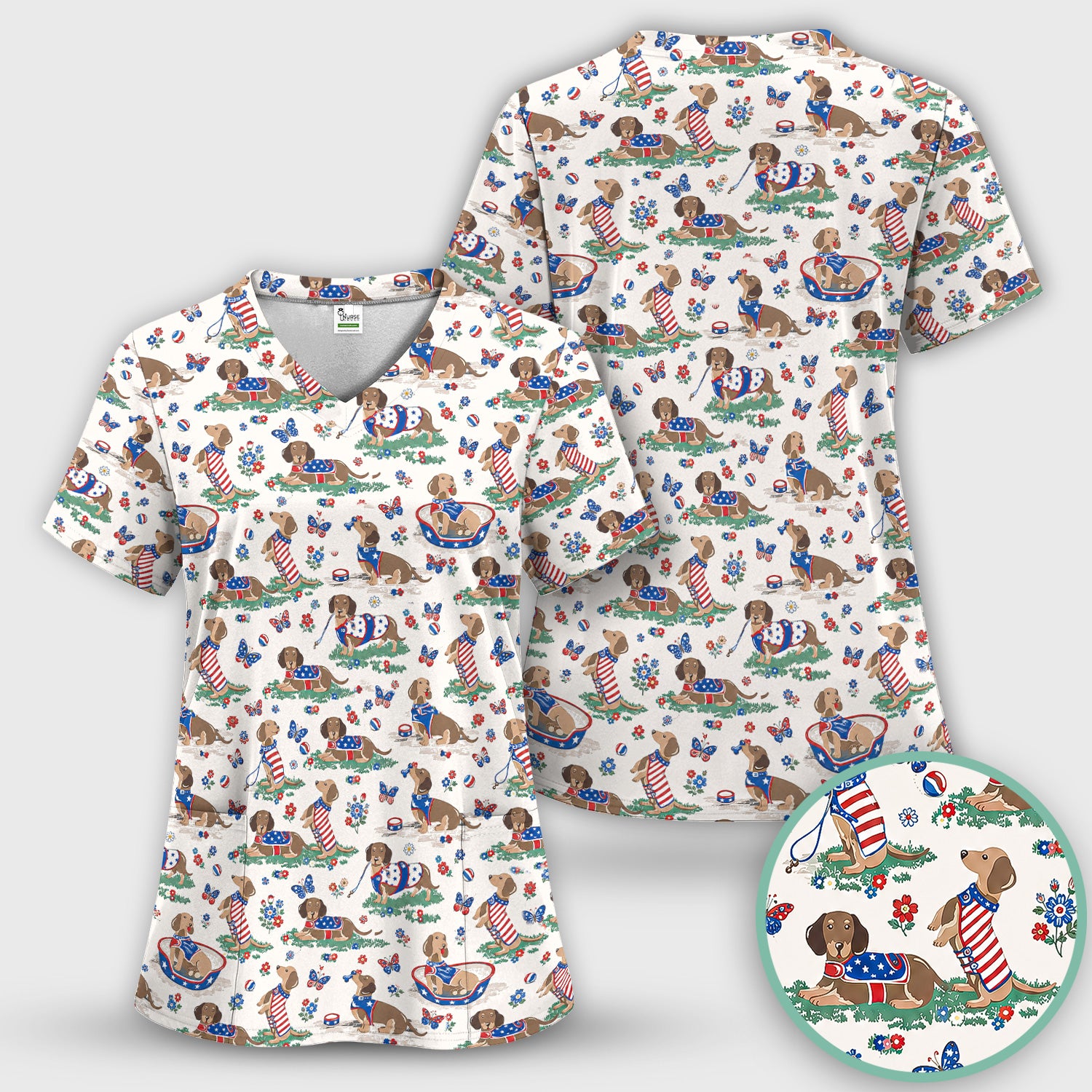 Patriotic Dachshund Garden Party Pattern Scrub Top, Comfortable Scrubs for Nurses