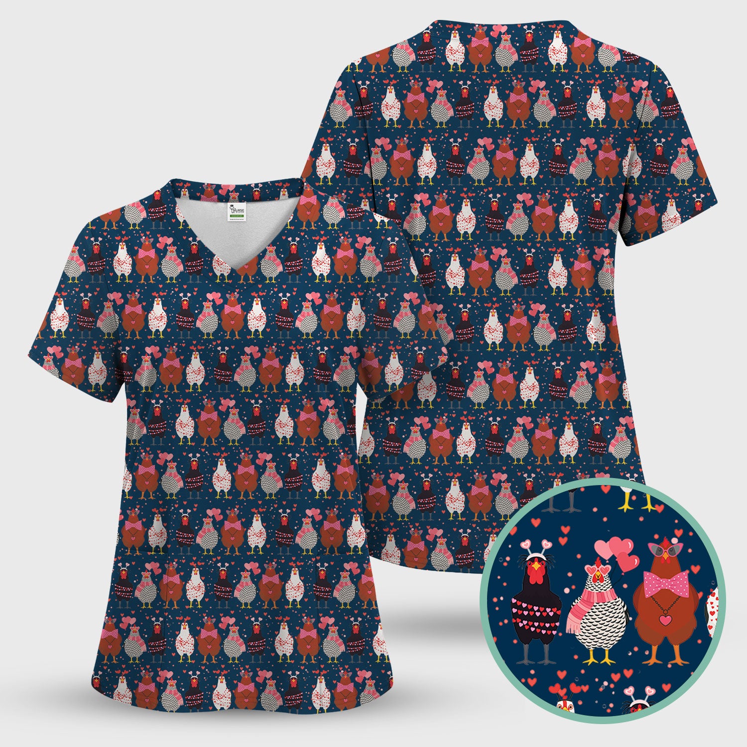 Funny Chicken Valentine Scrub Top, Chicken Pattern Scrub Shirt For Nursing, Valentine Gift For Nurse