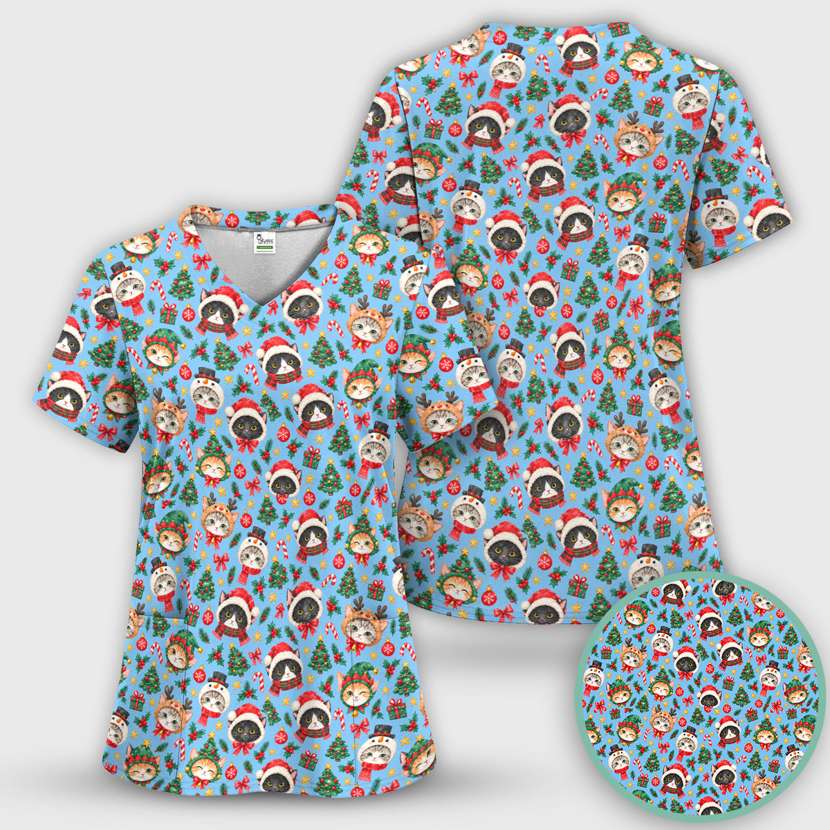 Christmas Cats And Trees Pattern Scrub Set, Scrub Pants and V Neck Top