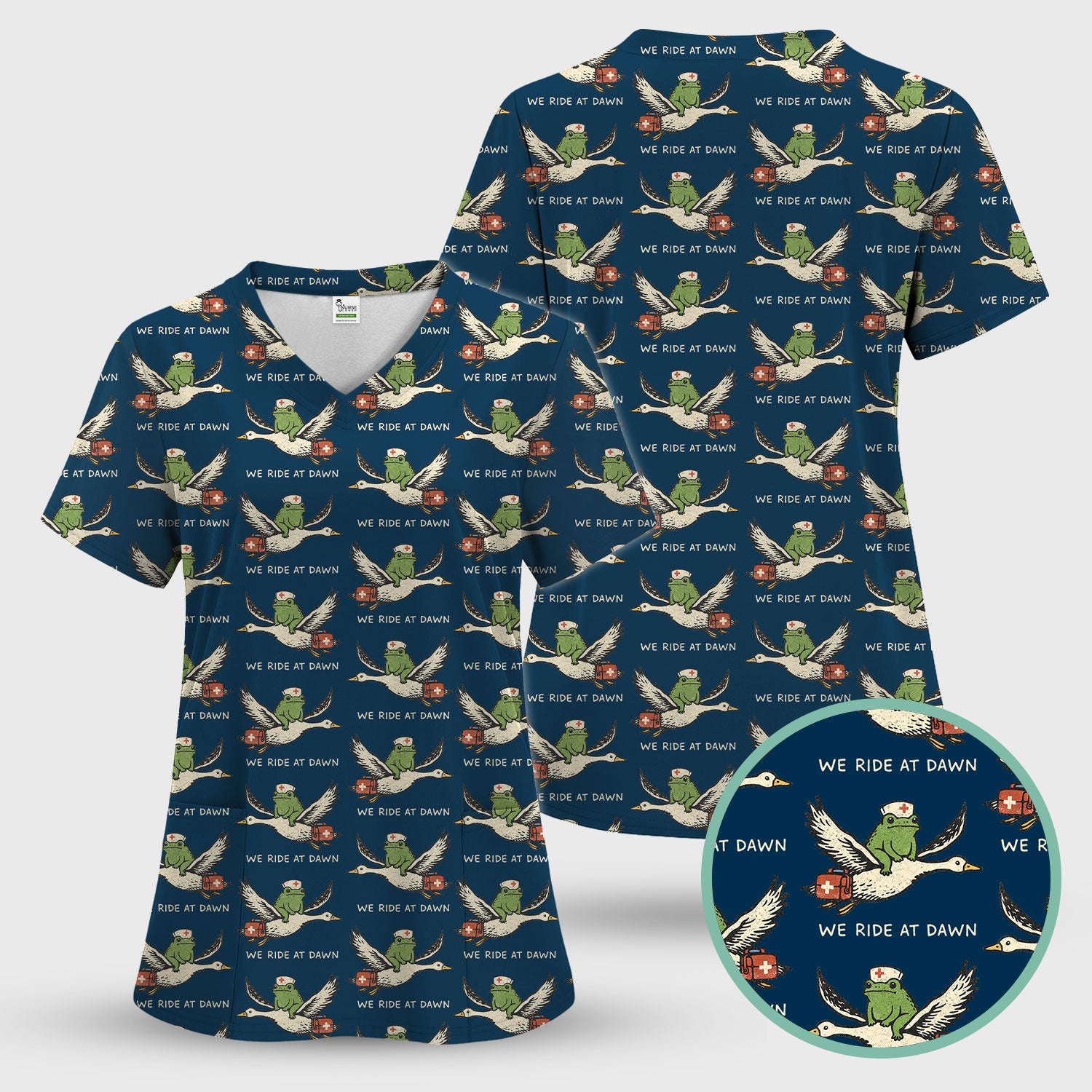 Funny Frog Riding Goose Nurse Pattern Scrub Set, Nurse Uniform Scrubs Set