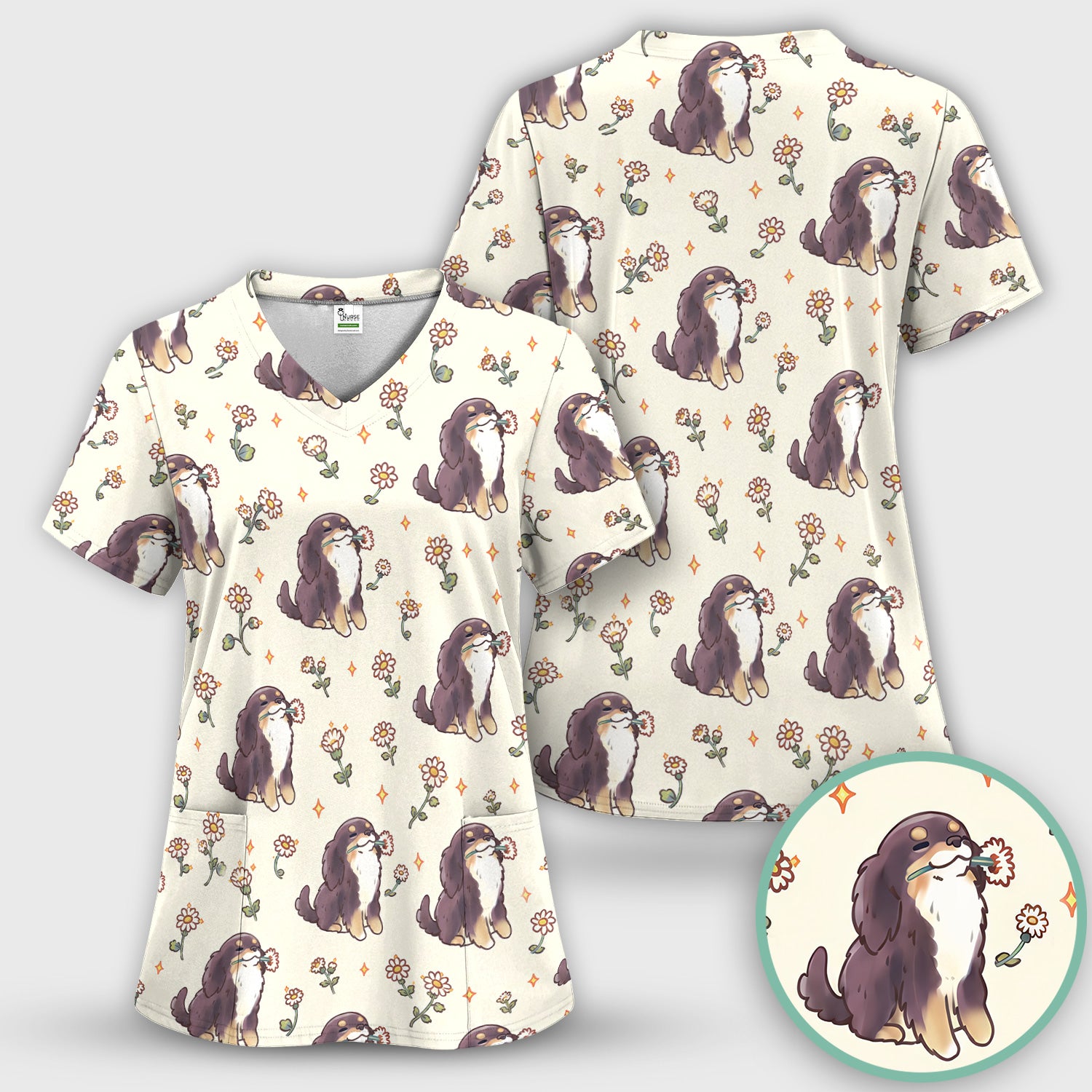 Cute Floral Otter Holding Daisy Pattern Scrub Top, Comfortable Scrubs for Nurses