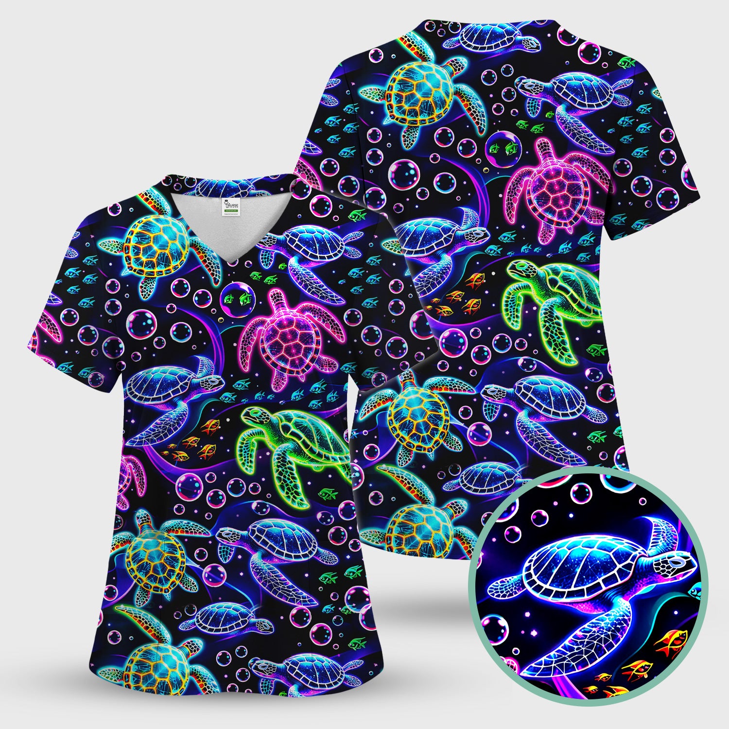 Neon Sea Turtle Swimming Bubble Ocean Scrub Top, Breathable Fabrics Nursing Uniform