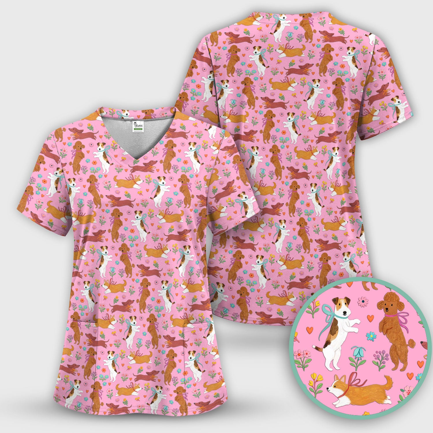 Cute Cartoon Dog Print Nurse Scrub Top, Comfortable Scrubs for Nurses