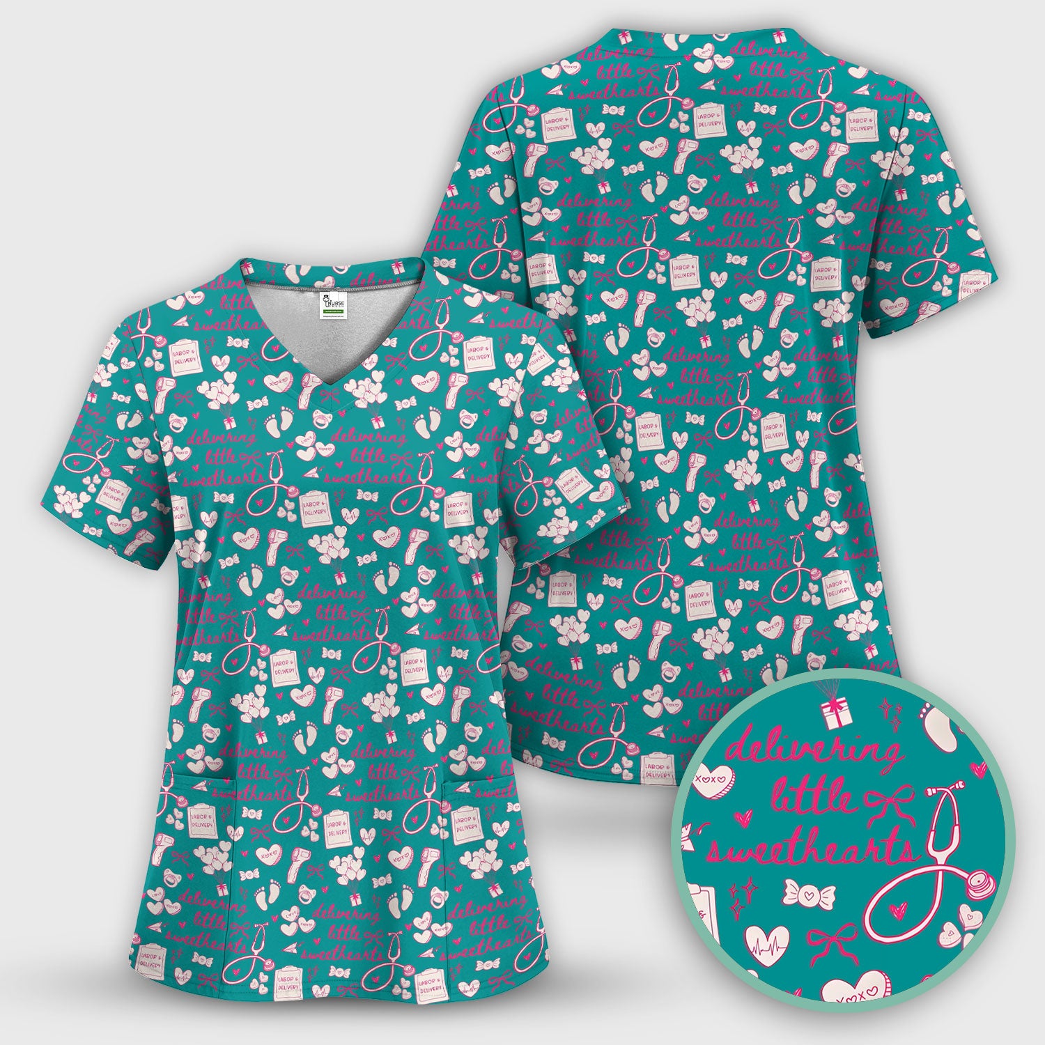 Valentine Labor And Delivery Scrub Top, XOXO Pattern Scrub Shirt, Breathable Fabrics Nursing Uniform For Women