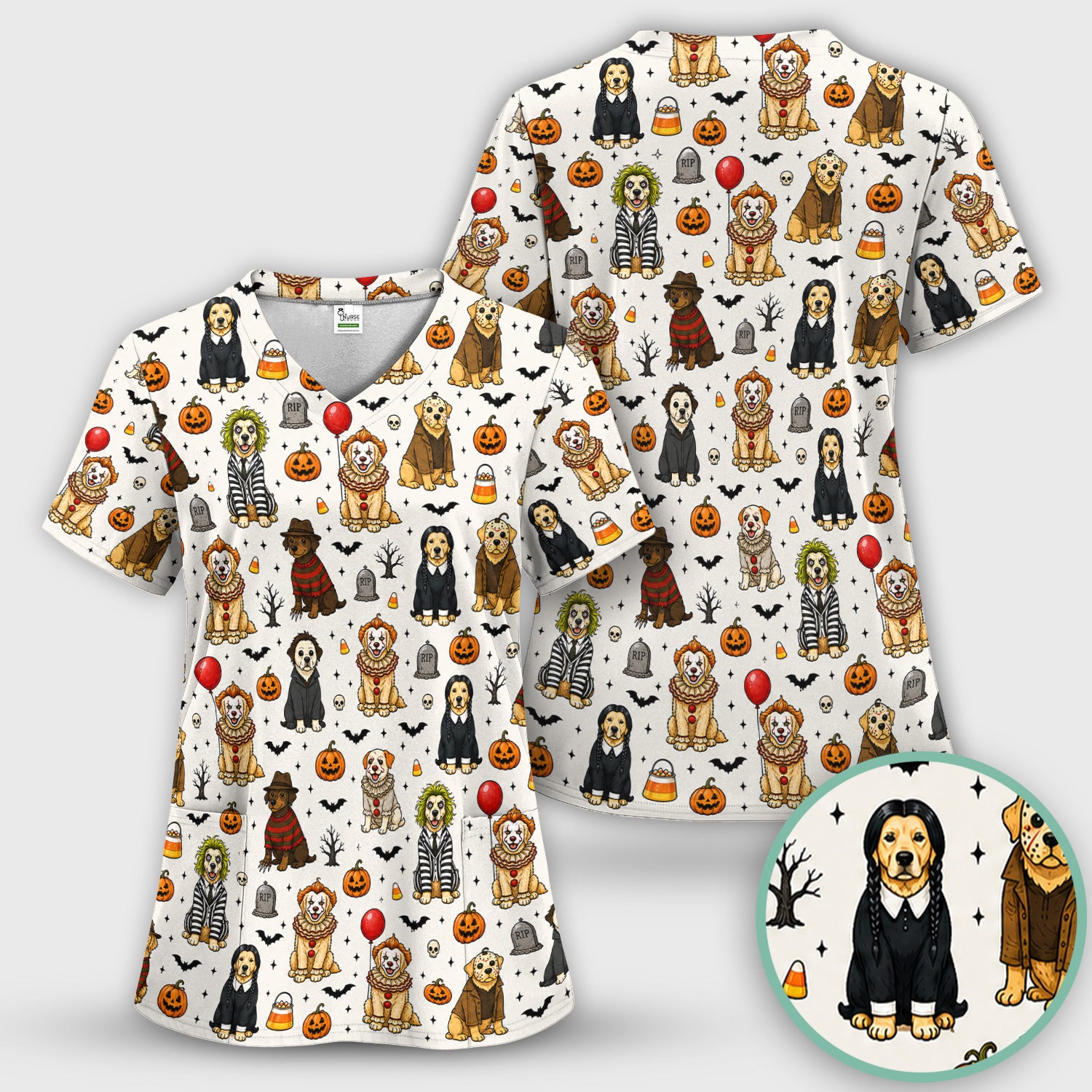 Funny Halloween Dog Pattern Scrub Top, Comfortable Scrubs for Nurses