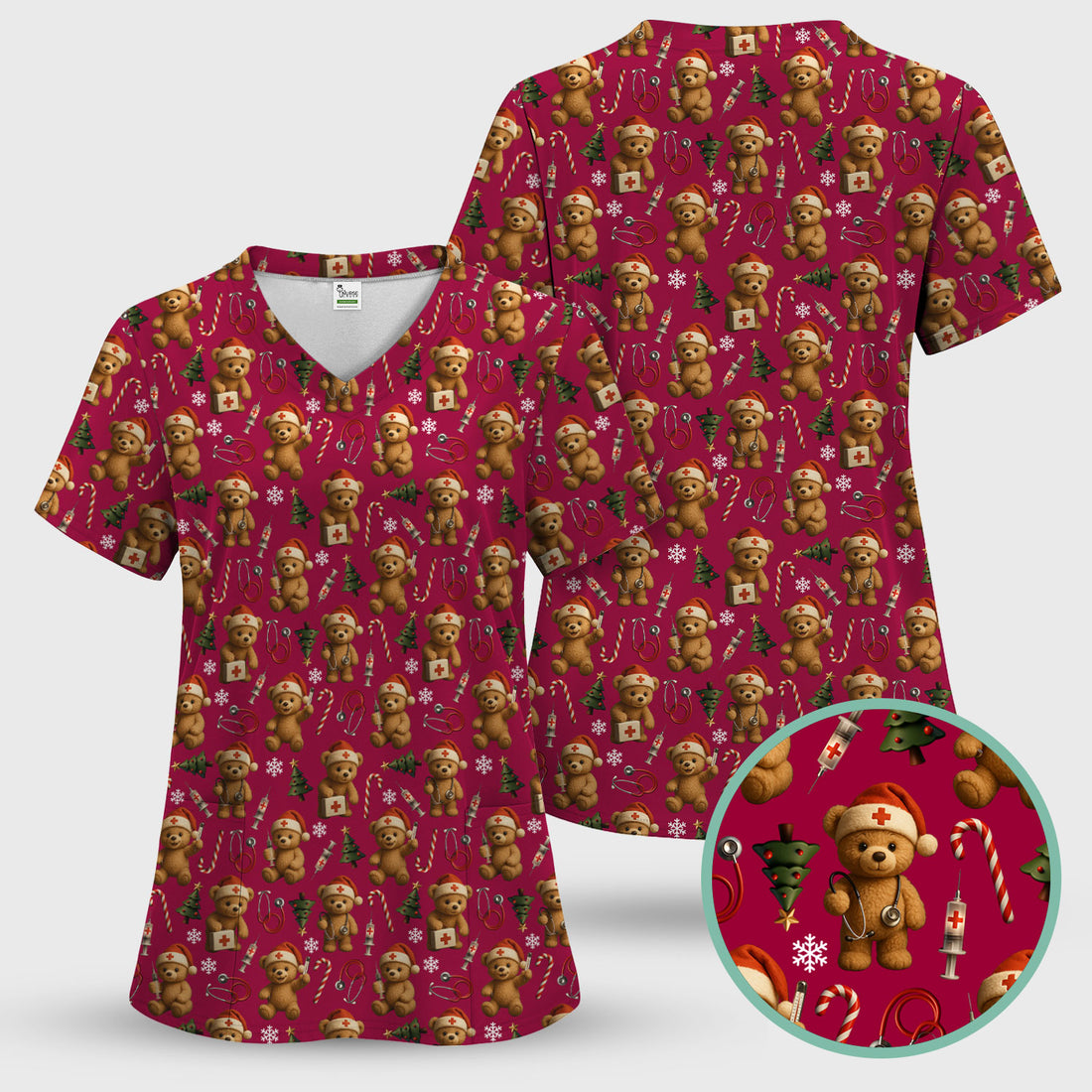 Teddy Bear Christmas Scrubs for Women - Cute Nurse Bear Pattern Medical Scrub Top - Holiday Christmas Scrubs with Fun Festive Design