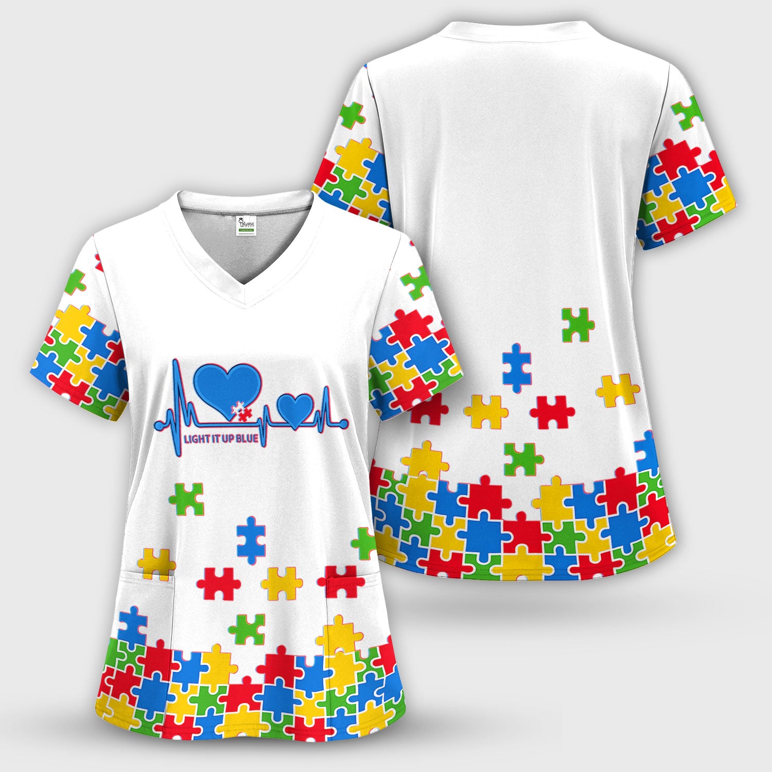 Autism Puzzle Heartbeat Light It Up Blue Print Scrub Top, Comfortable Scrubs for Nurses