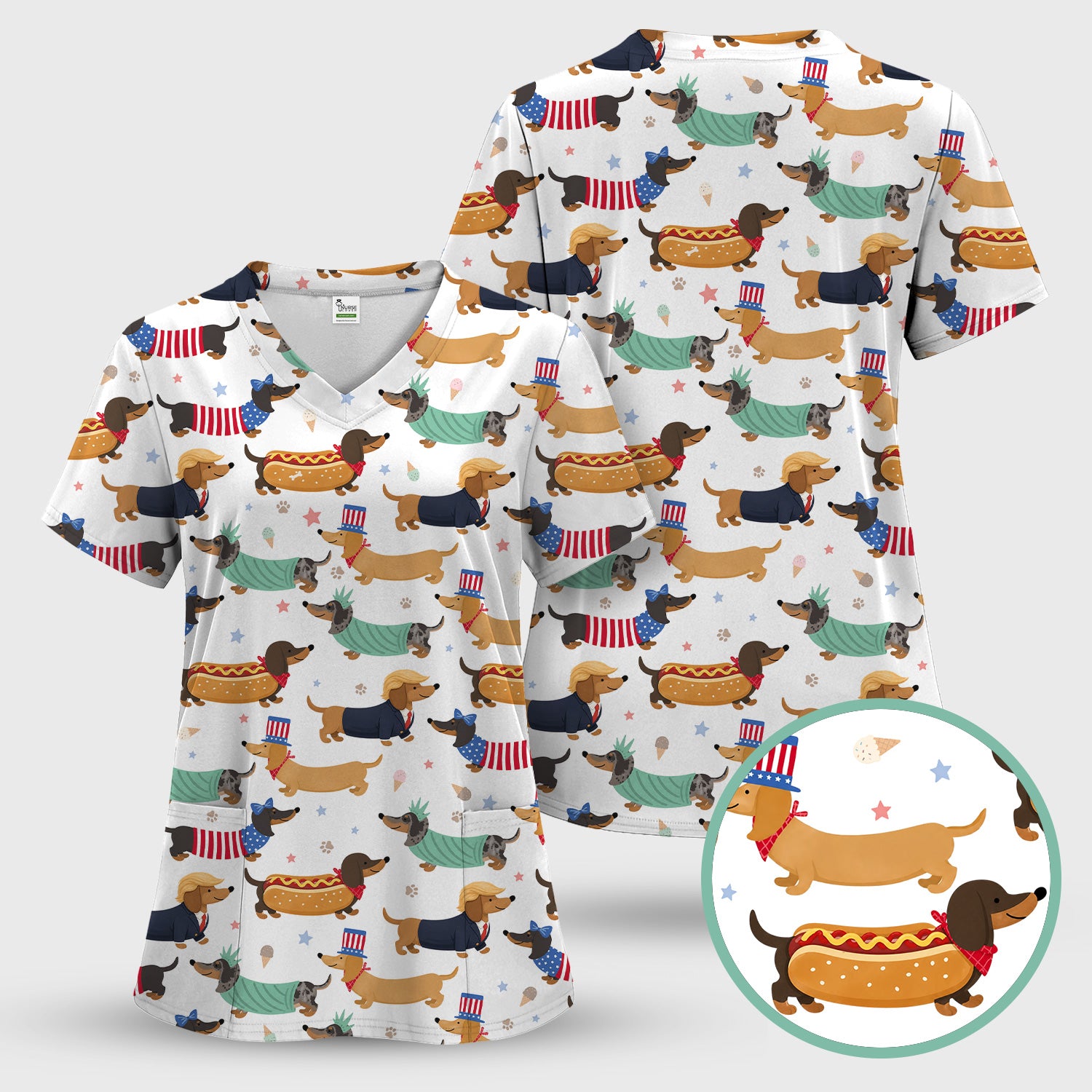 Funny Patriotic Dachshund Costume Dogs Scrub Set, Women's Scrub Sets