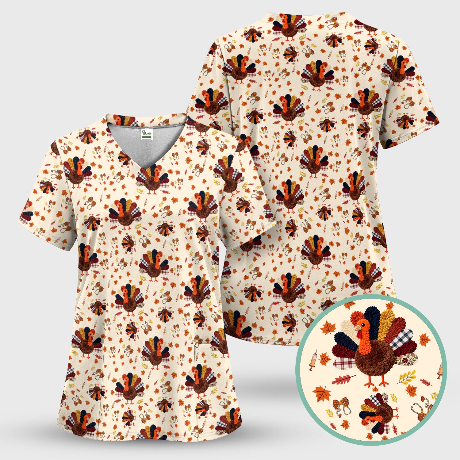 Funny Thanksgiving Nurse Scrub Top - Fall Leaves and Pumpkin Shirt - Autumn Turkey Med Uniform Gift for RN CNA LPN
