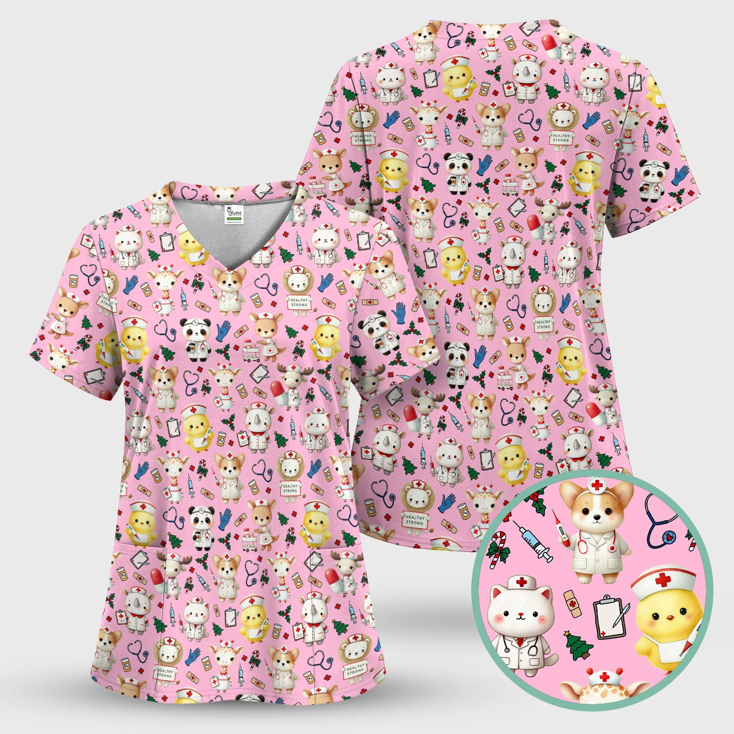 Comfortable Scrubs for Nurses - Pediatric Scrub Tops - Breathable Fabrics Nursing Uniform - Adorable Puppy Cat Bear Print