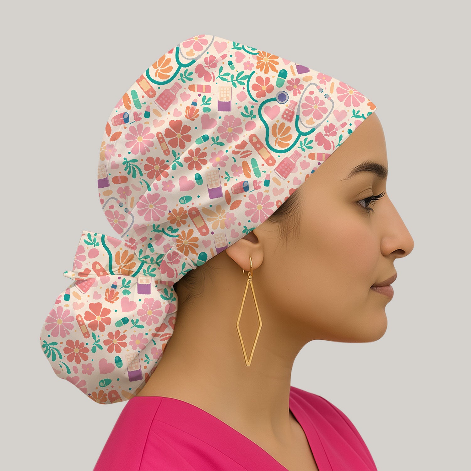 Cute Medical Floral Pattern Scrub Cap, Breathable Fabrics Caps Uniform