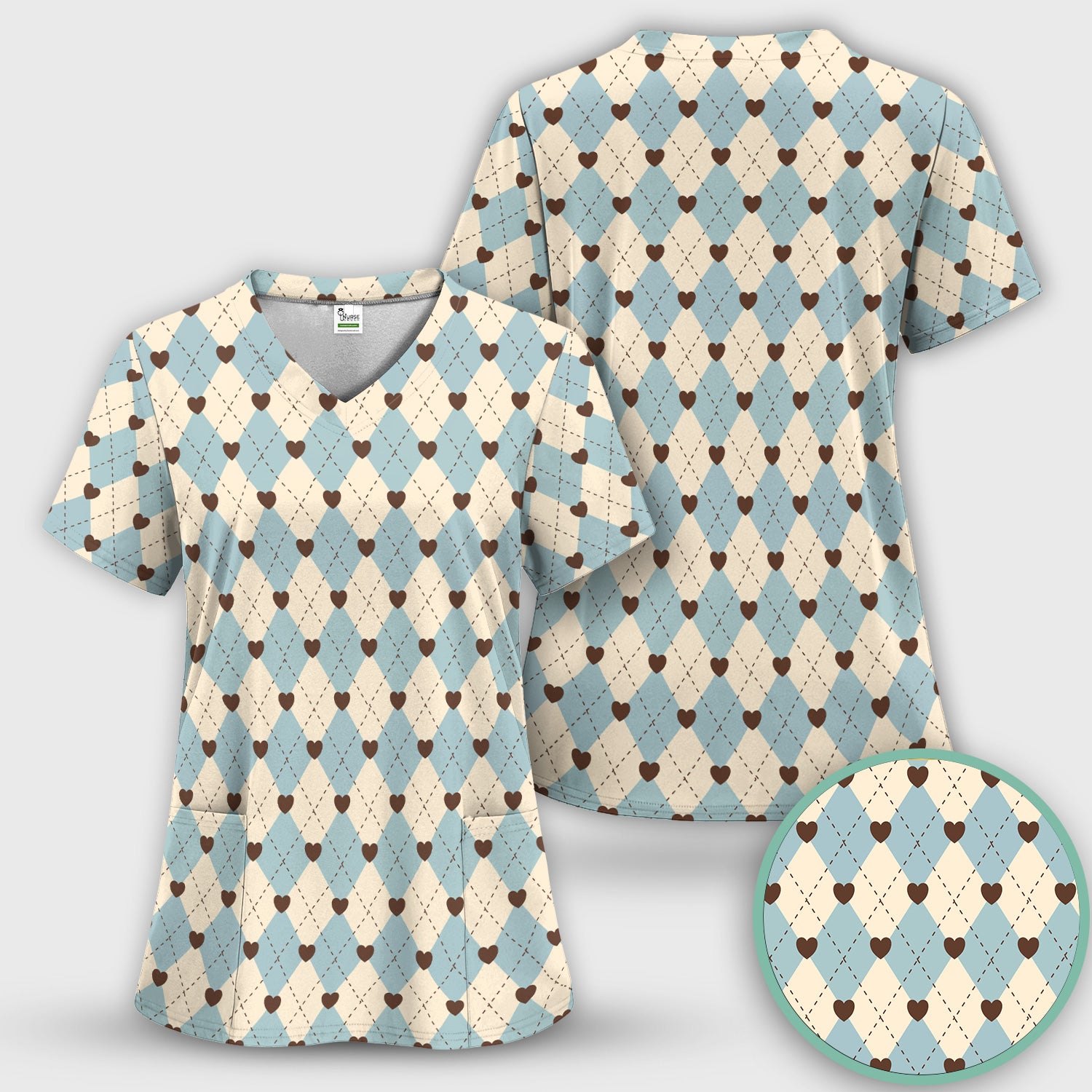 Plaid Heart Pattern Scrubs Sets, Scrub Pants and V Neck Top