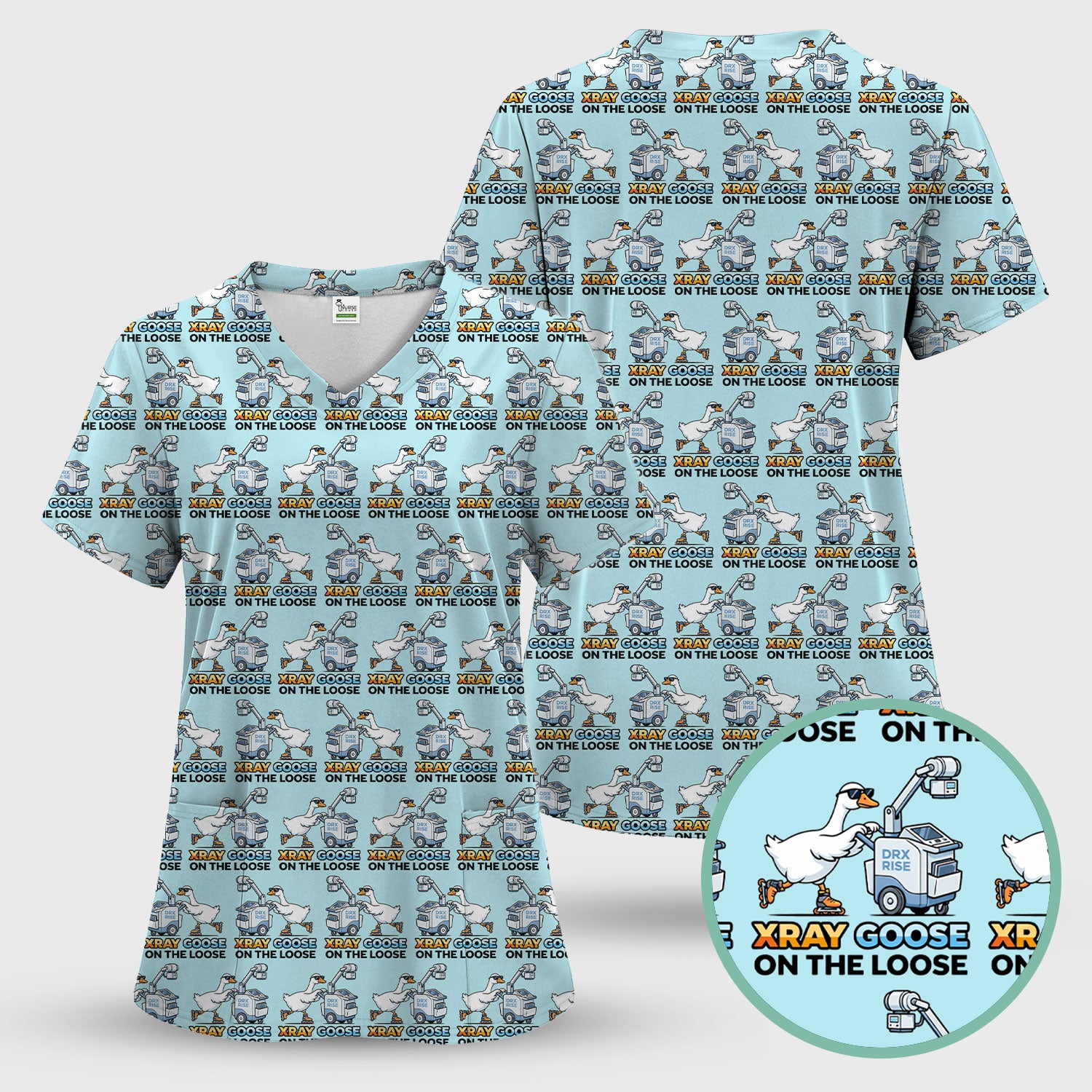 Funny Xray Goose On The Loose Pattern Scrub Top, Scrub Pants and V Neck Top