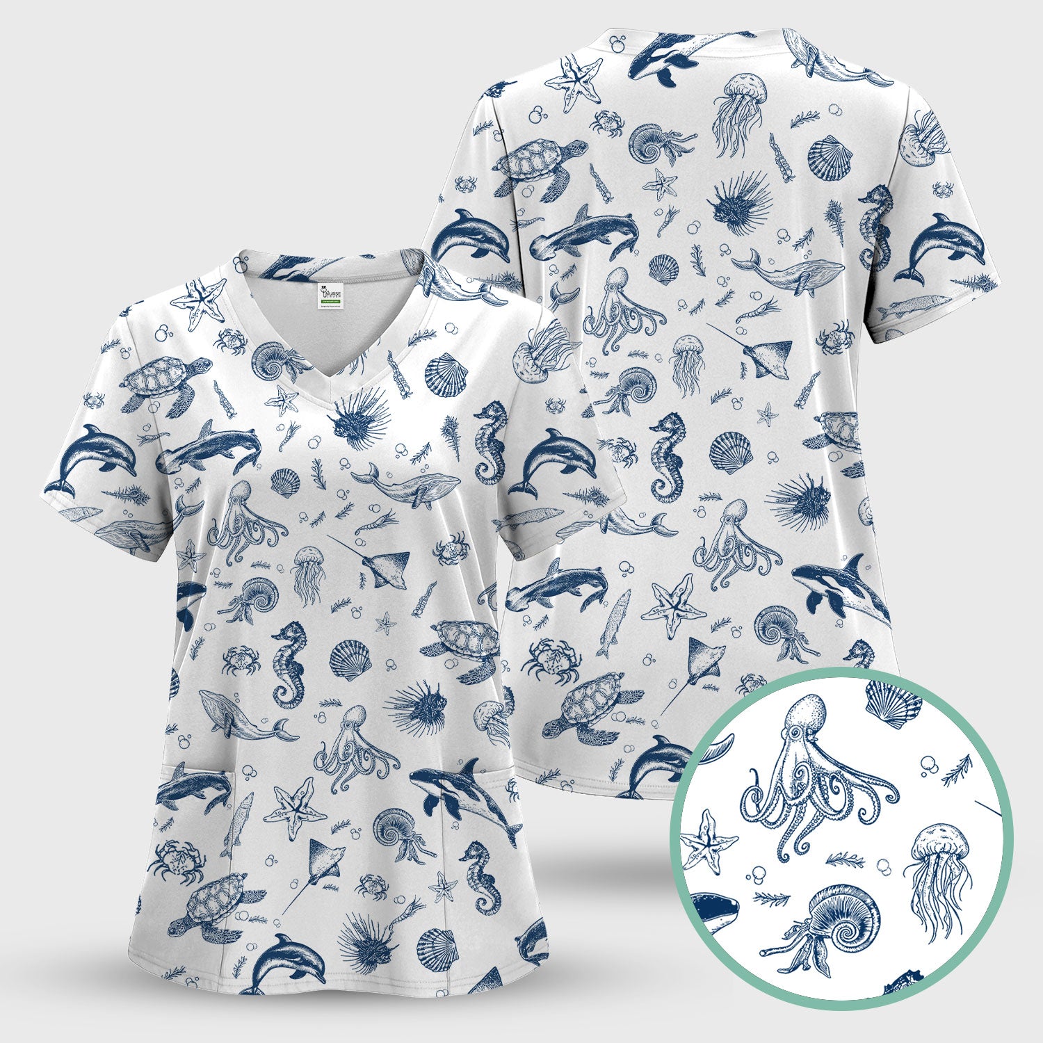 Marine Sea Life Pattern Scrub Top, Breathable Fabrics Nursing Uniform