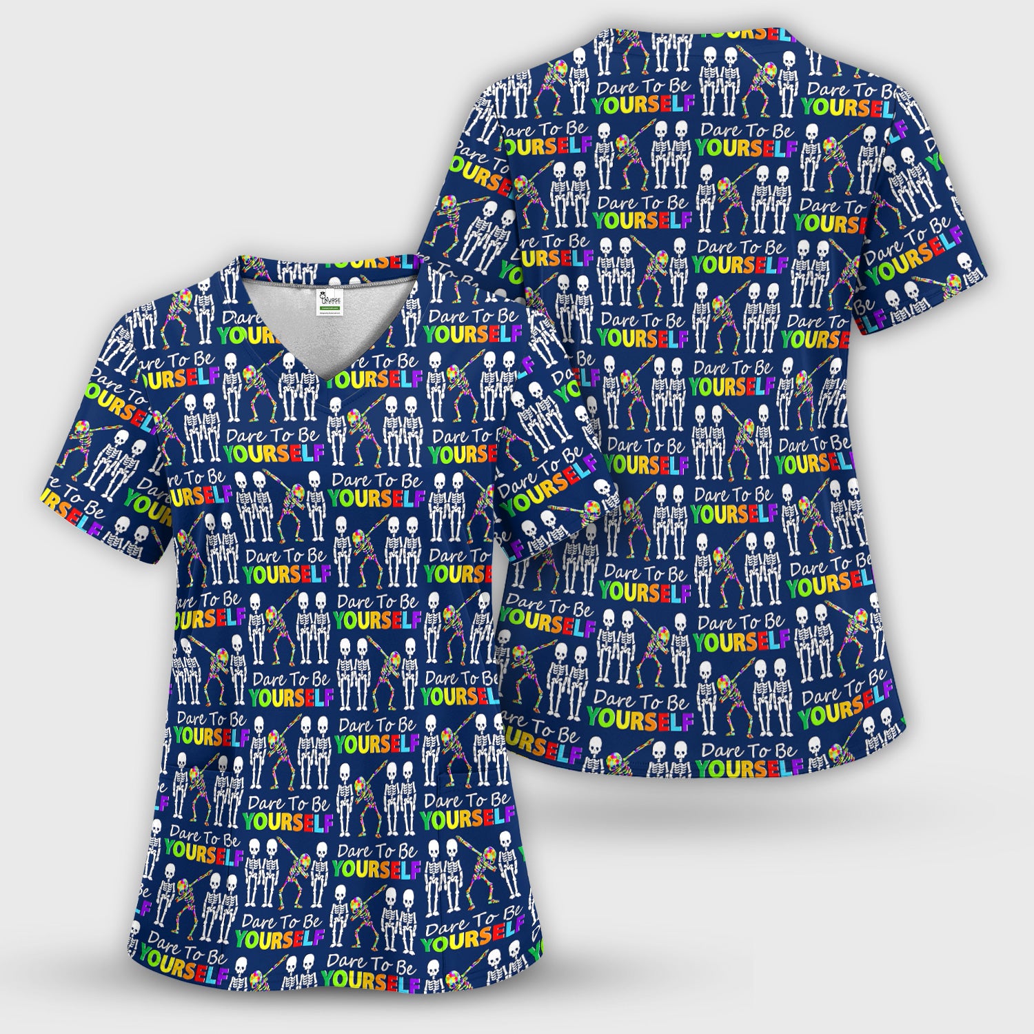 Rainbow Skeleton Dare To Be Yourself Pattern Scrubs Top, Comfortable Scrubs for Nurses