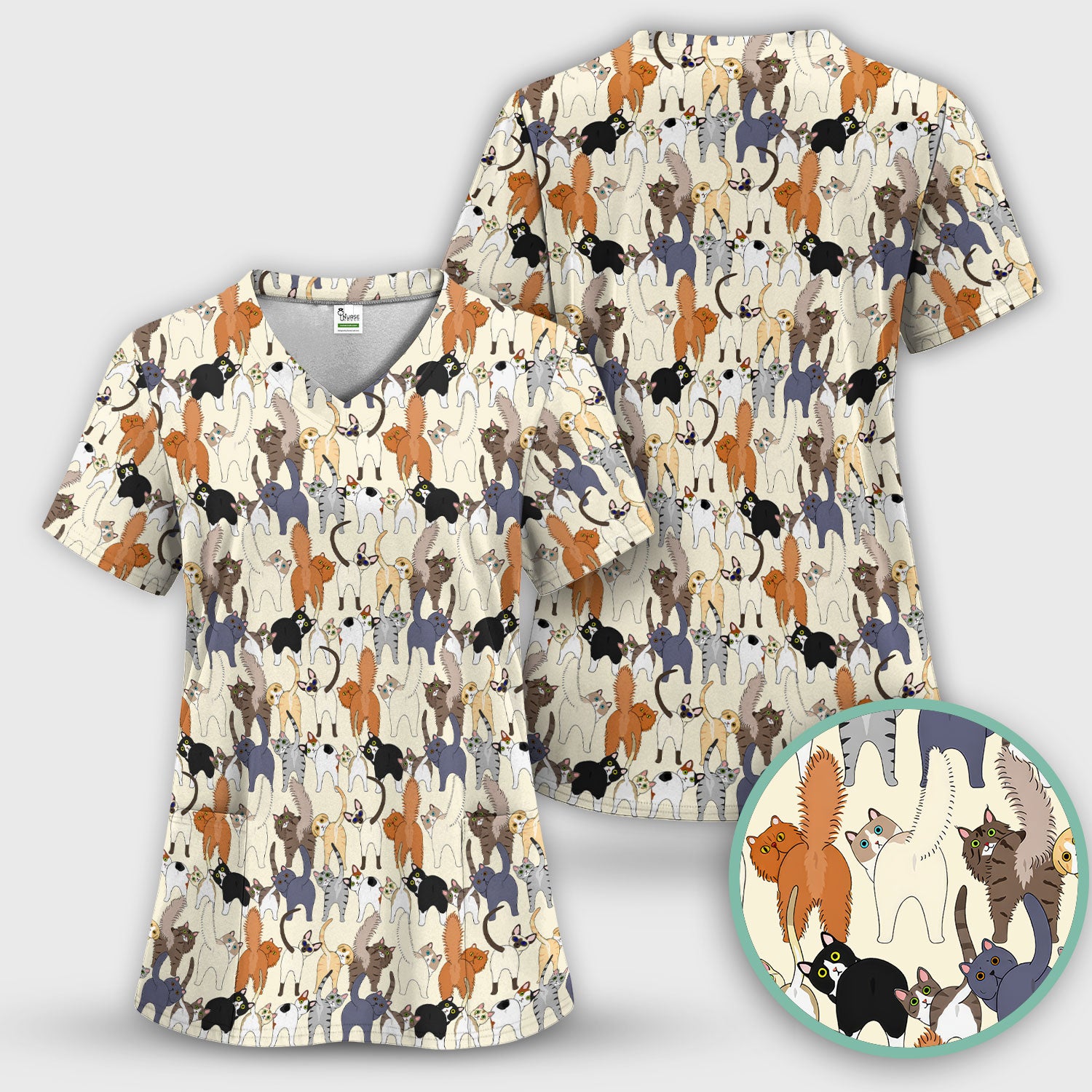 Whimsical Multicolor Cat Cartoon Pattern Scrub Top, Comfortable Scrubs for Nurses