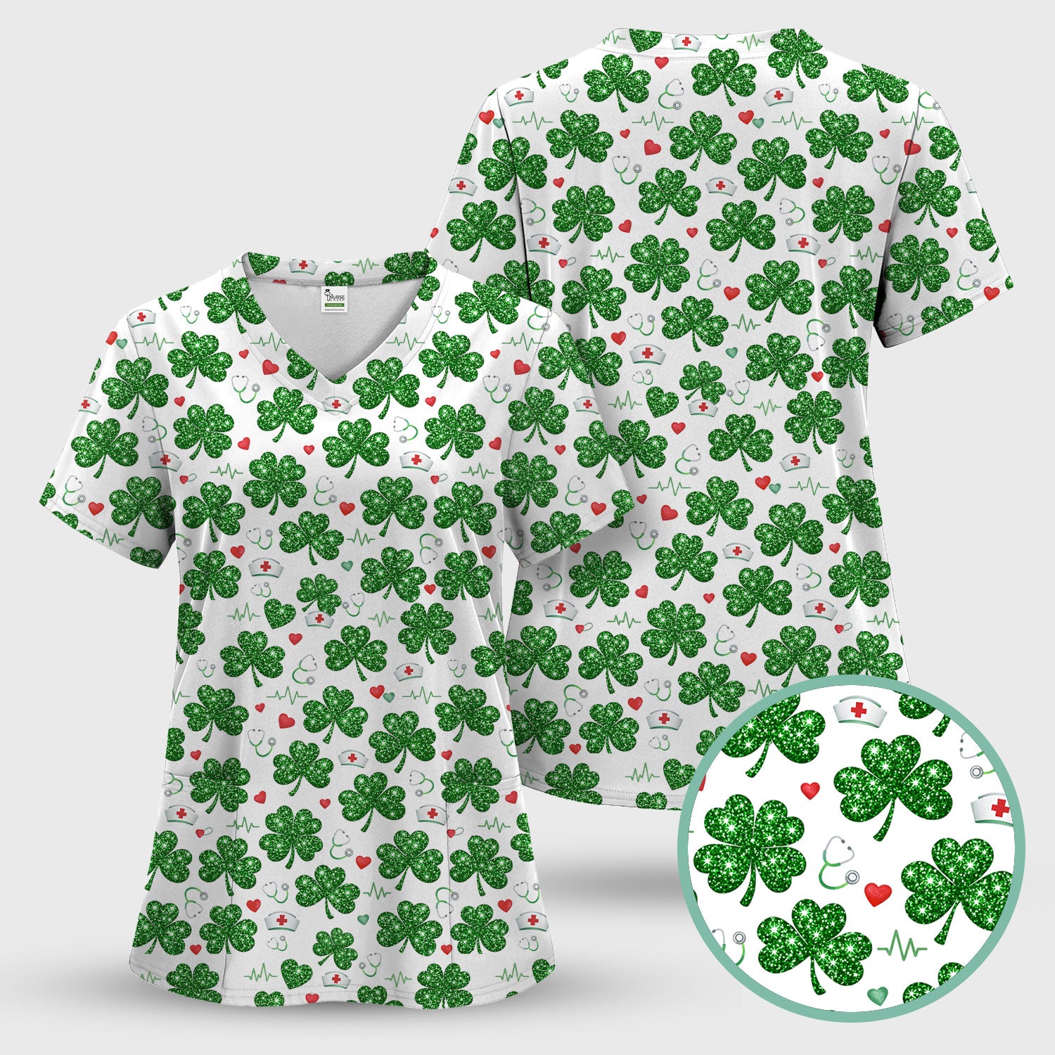 St. Patrick’s Day Nurse Scrub Set, Green Clover Medical Pattern Shirt, Breathable Fabrics Nursing Uniform