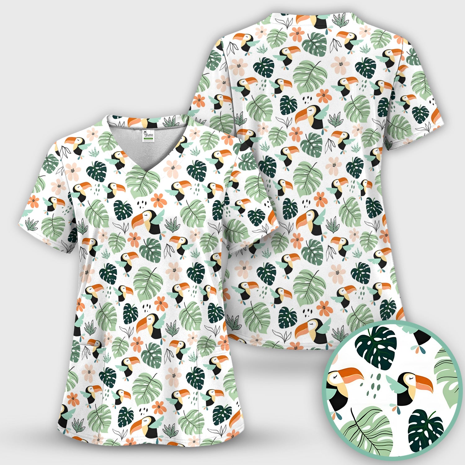 Tropical Toucan Leaf Floral Pattern Scrub Set, Scrub Pants and V Neck Top