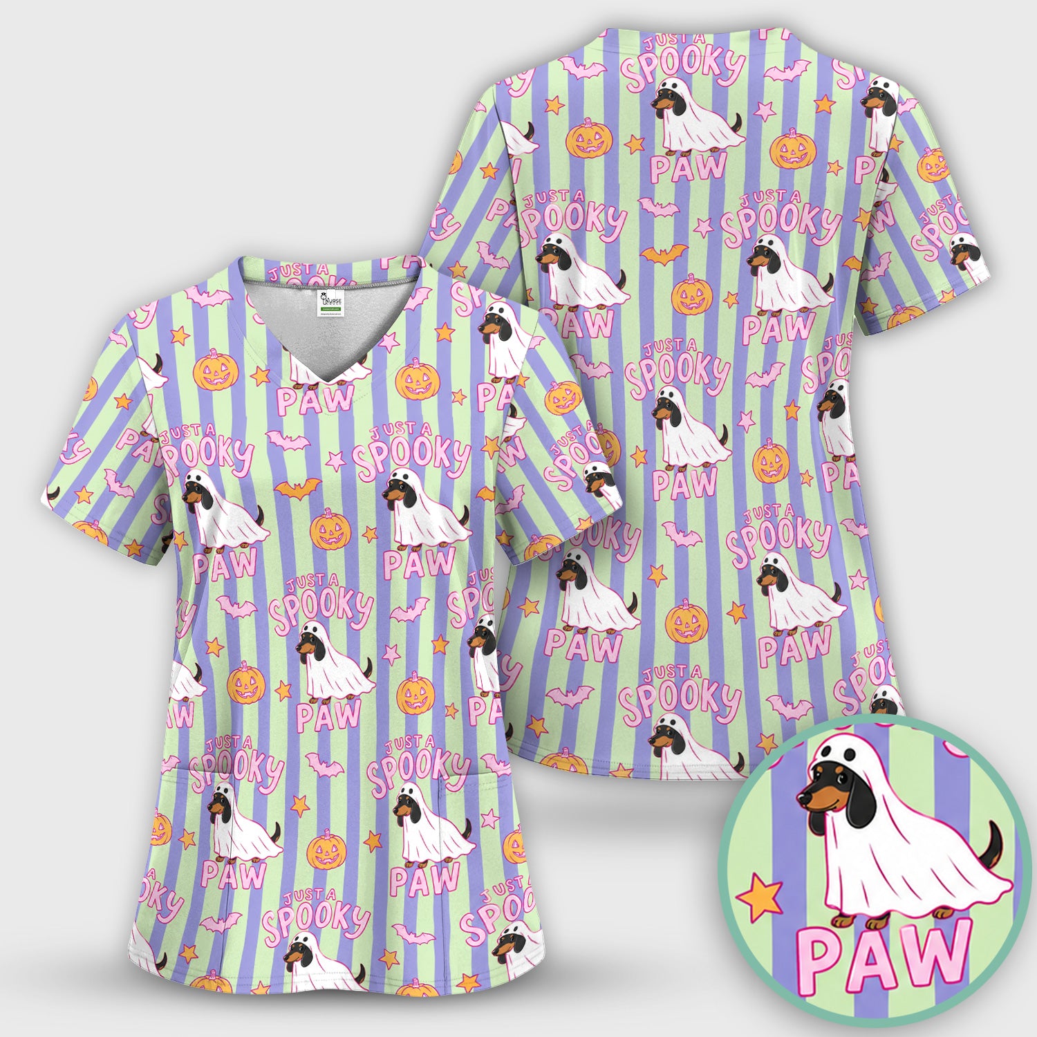 Just A Spooky Dachshund Paw Print Scrub Top, Comfortable Scrubs for Nurses