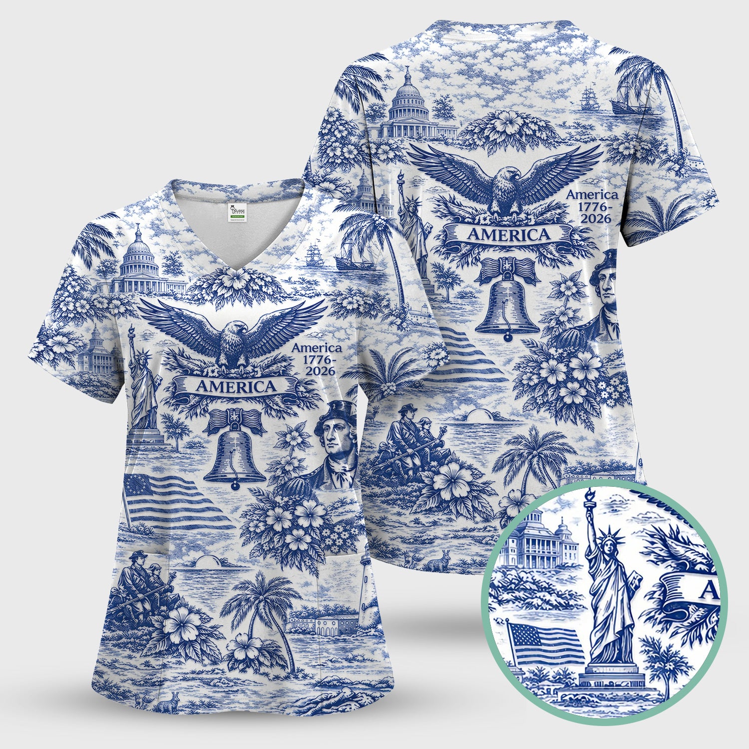 Patriotic America Heritage Toile Pattern Scrub Top, Breathable Fabrics Nursing Uniform