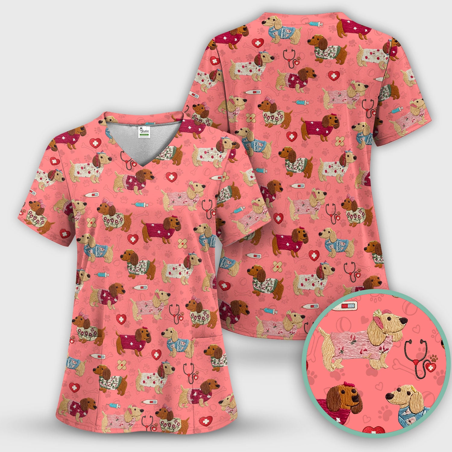 Cute Medical Wiener Dog Pattern Nurse Shirt, Dachshund Nursing Scrub Set, Breathable Fabrics Nursing Uniform