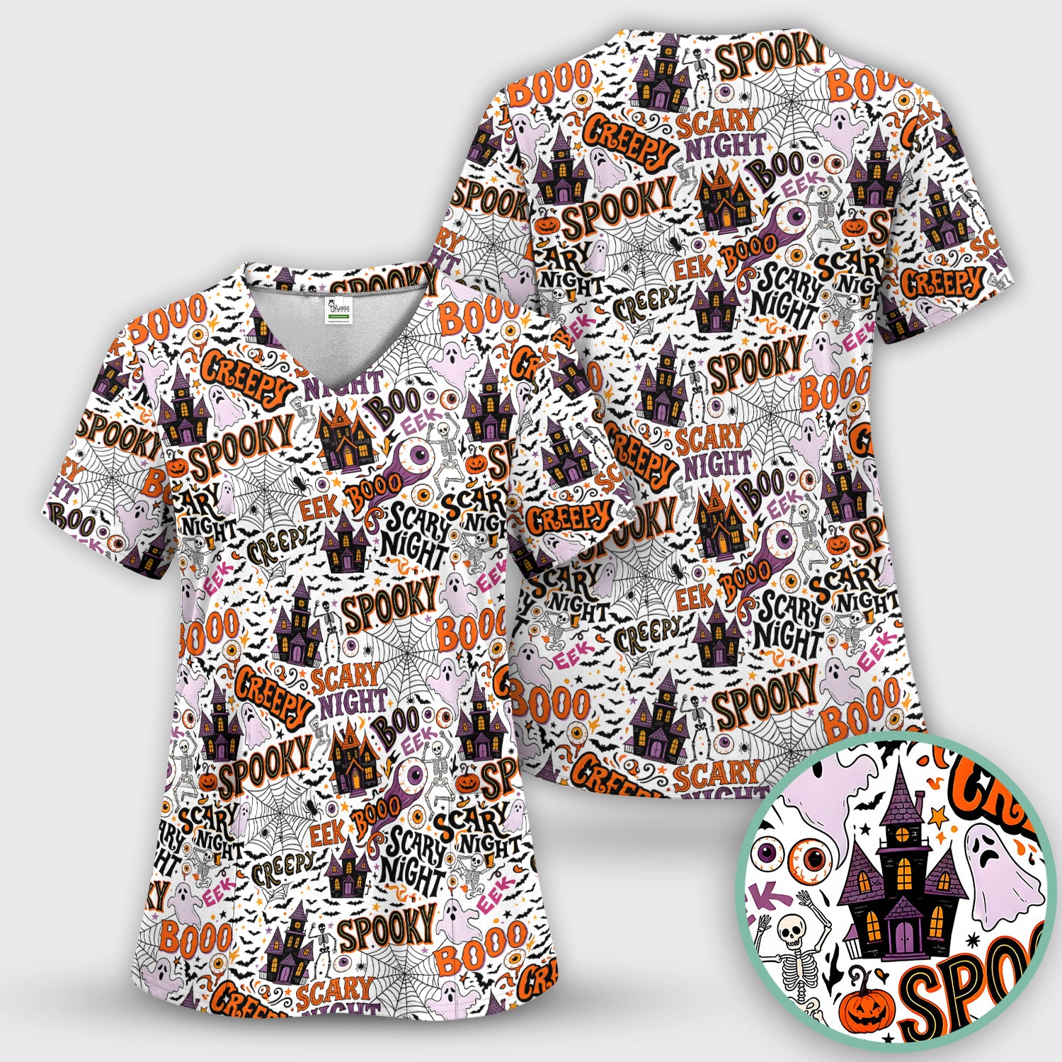 Spooky Halloween Haunted House Typography Scrub Top, Comfortable Scrubs for Nurses