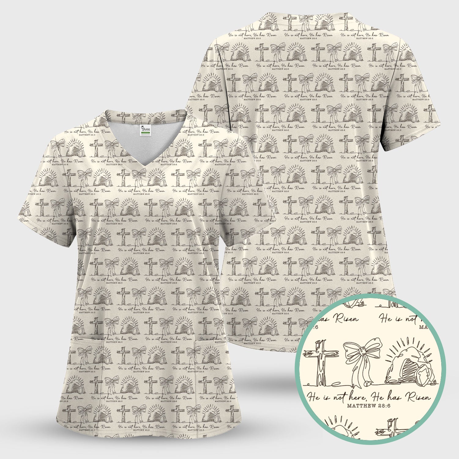 Christian Cross He Is Risen Pattern Scrubs Top, Comfortable Scrubs for Nurses