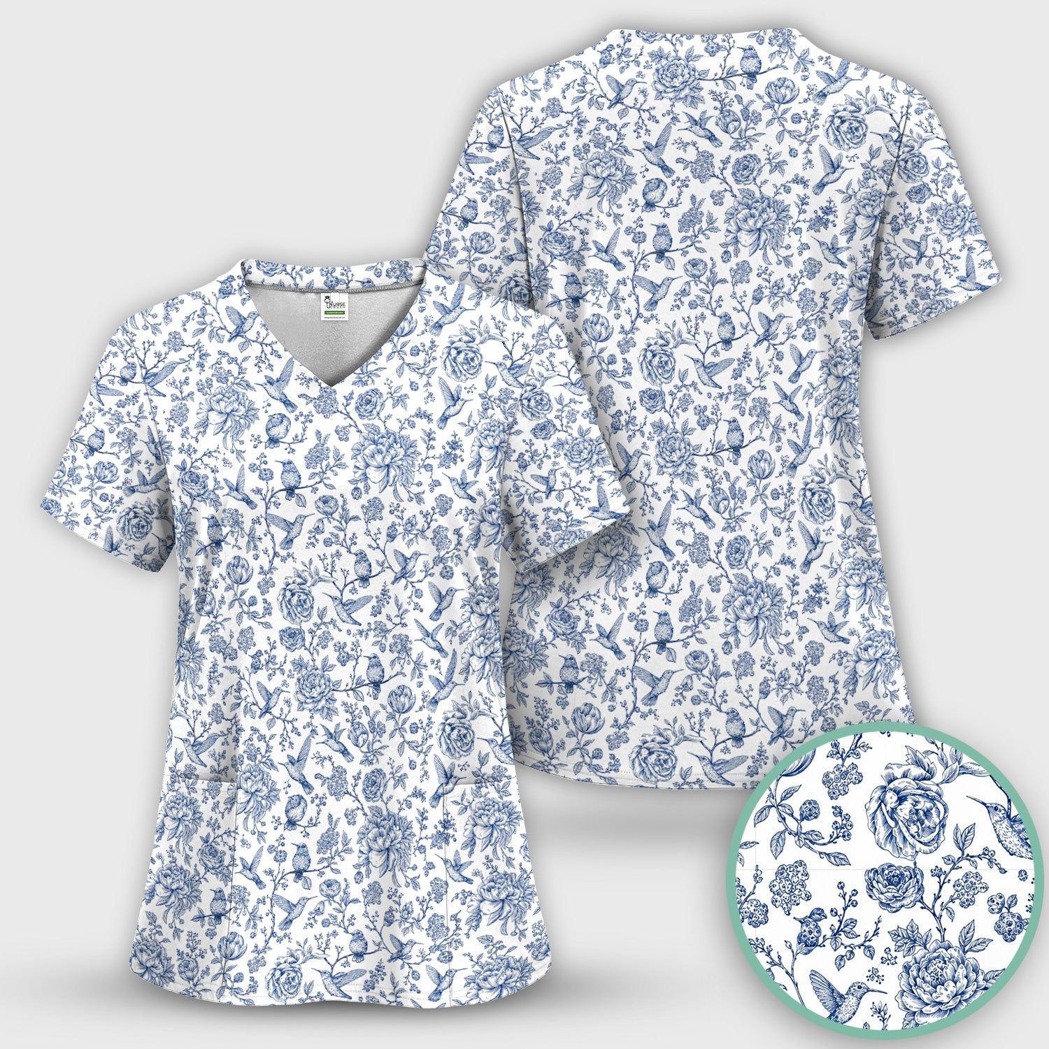 Blue Toile Hummingbird Floral Pattern Scrub Top, Comfortable Scrubs for Nurses