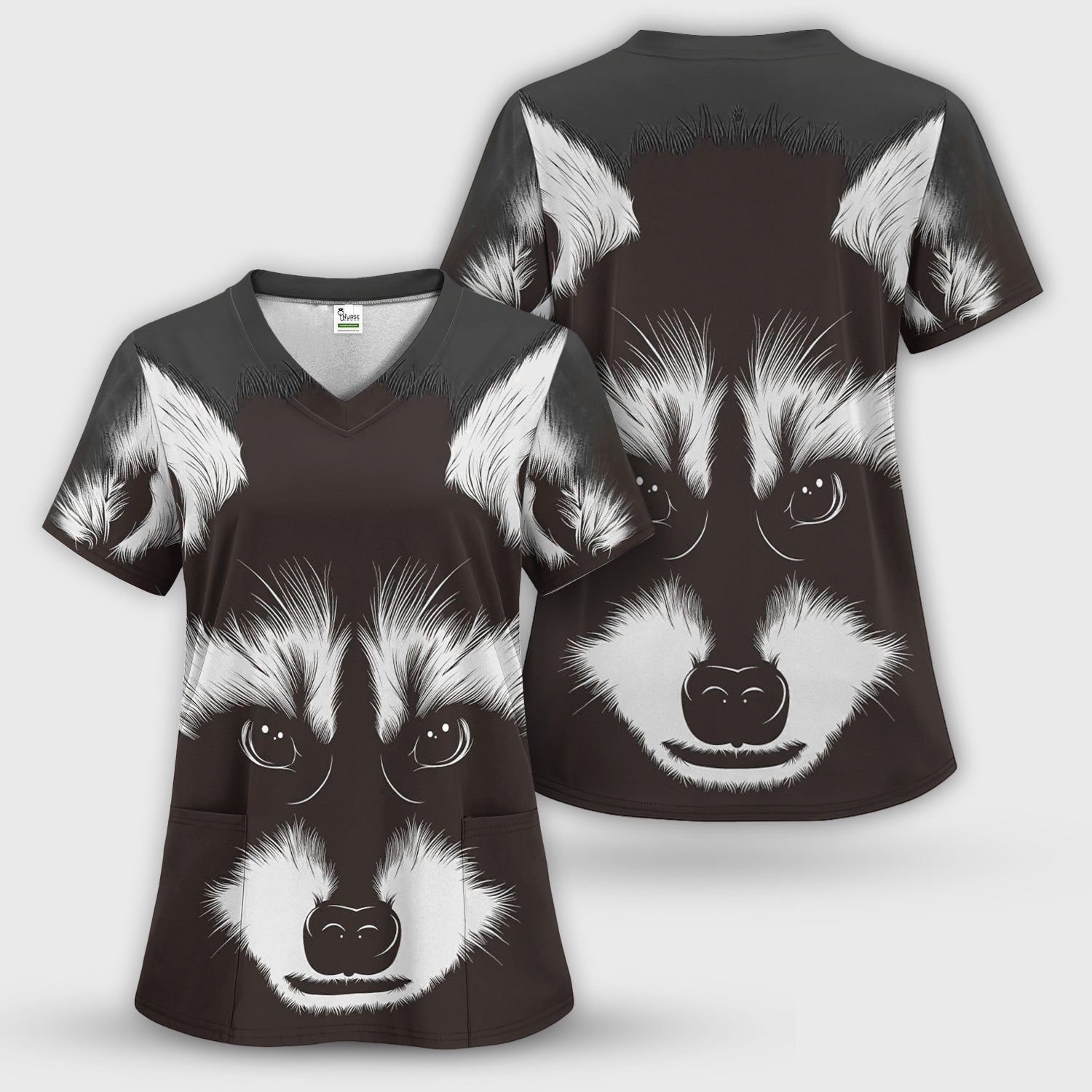 Black White Raccoon Face Pattern Scrub Set, Scrub Pants and V Neck Top