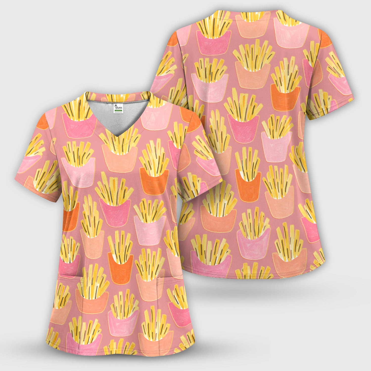 Funny French Fries Snack Food Pattern Scrub Set, Breathable Med Uniform