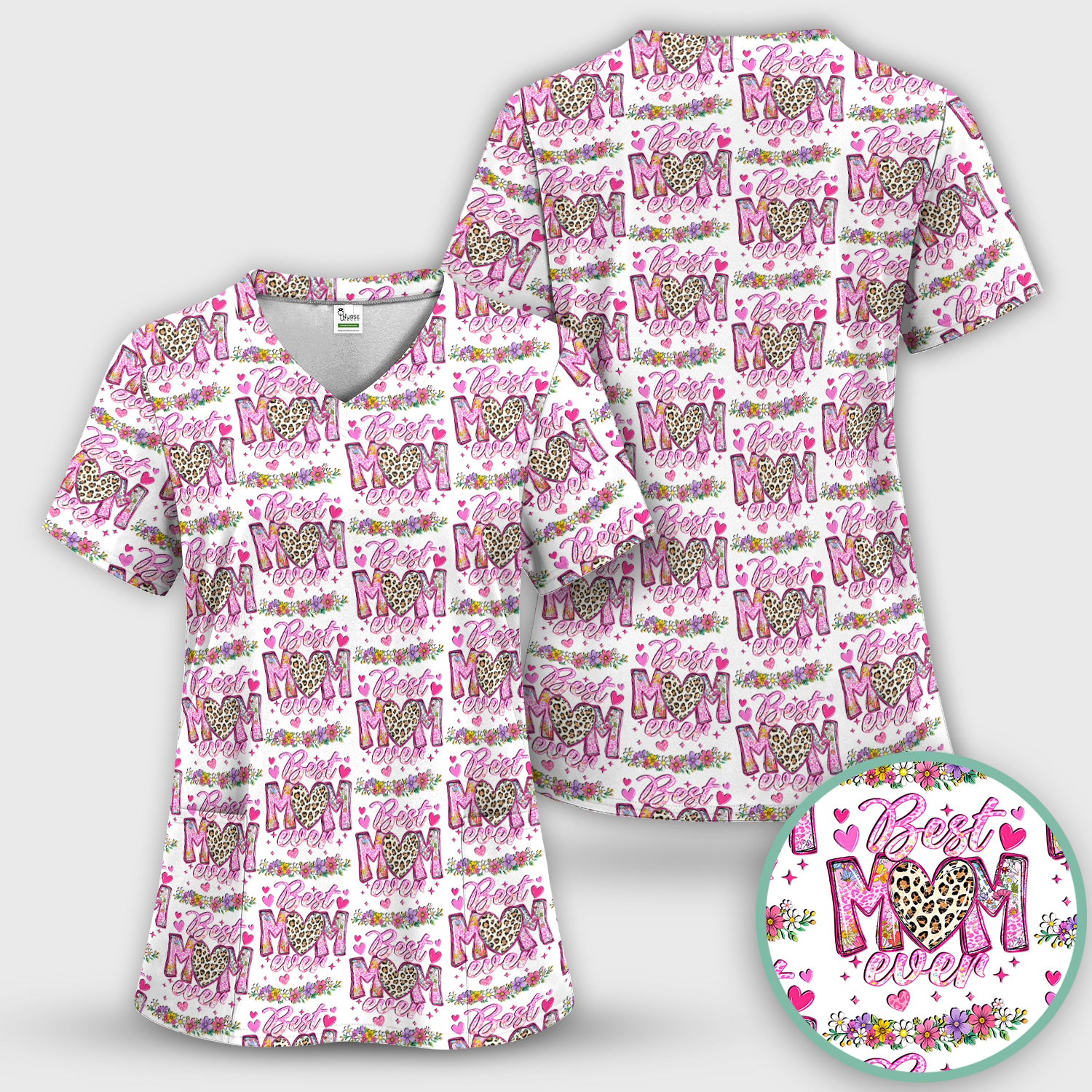 Best Mom Ever Leopard Heart Floral Pattern Scrub Set, Nurse Uniform Scrubs Set