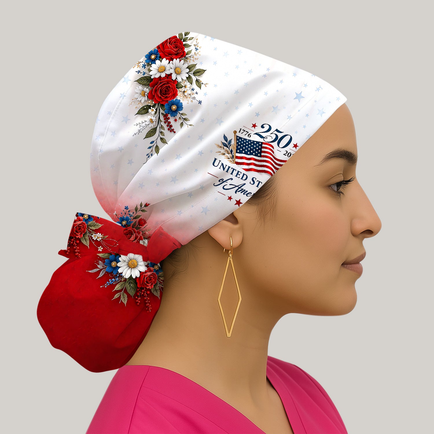 Patriotic 250th Flag Floral Pattern Scrub Cap, Surgical Caps for Doctors