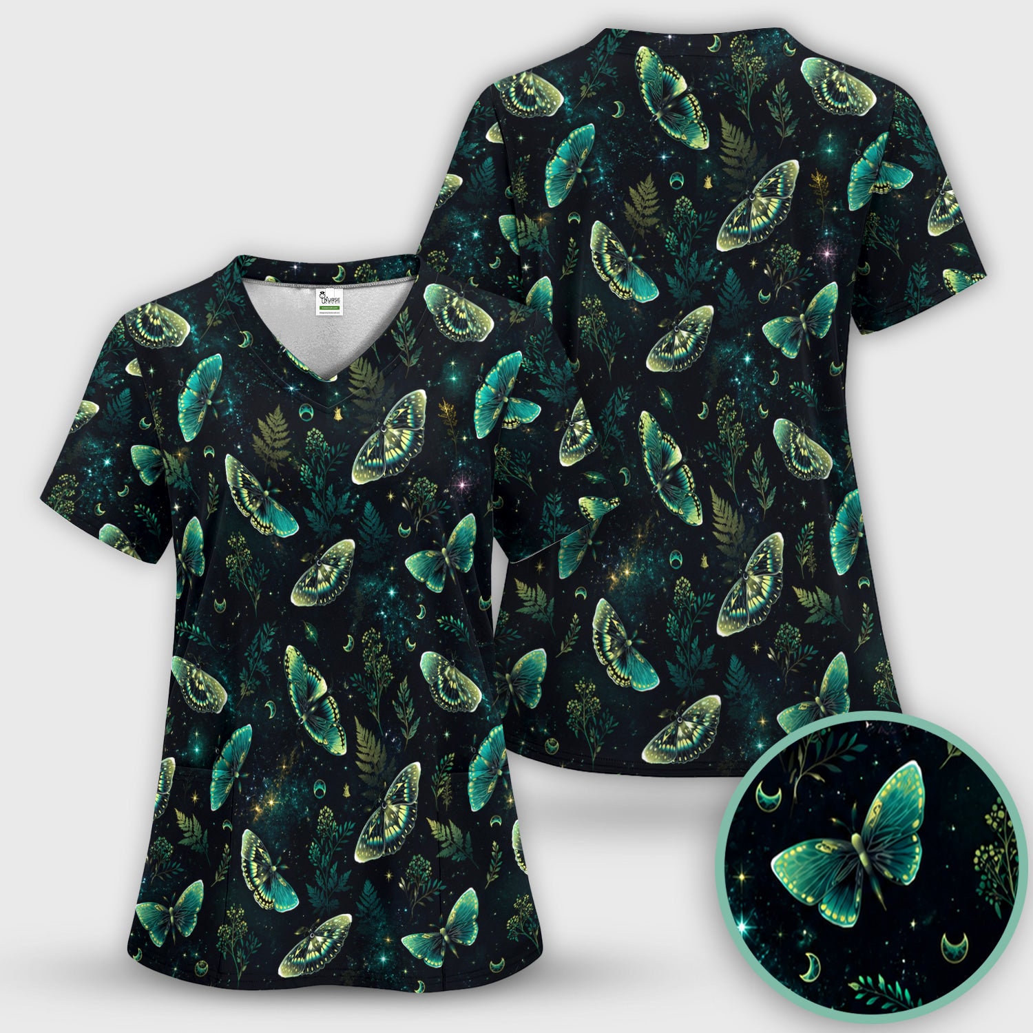 Mystical Moonlight Butterfly Garden Pattern Scrub Set, Scrub Pants and V Neck Top