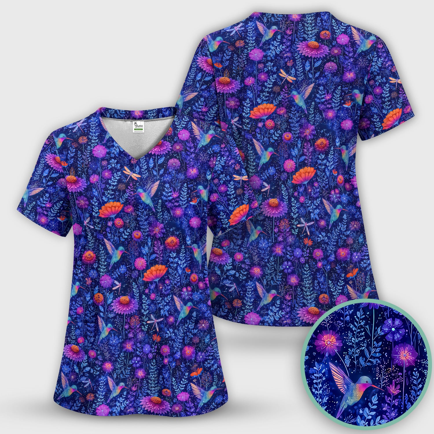 Enchanted Hummingbird Wildflower Garden Pattern Scrub Top, Comfortable Scrubs for Nurses