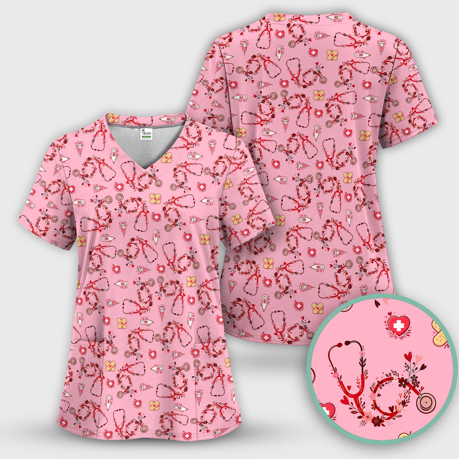 Heart Stethoscope Medical Pattern Scrub Top, Breathable Fabrics Nursing Uniform