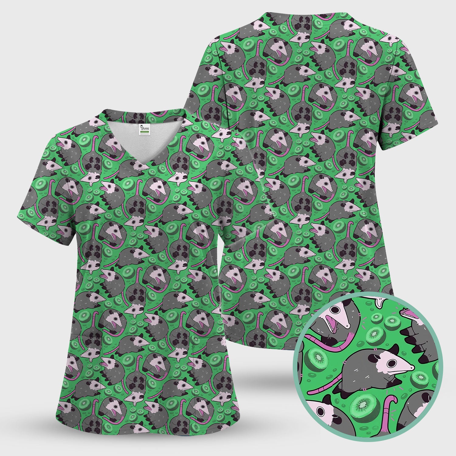 Funny Opossum Kiwi Scrub Set, Quirky Cartoon Animal Scrub Pants and V Neck Top