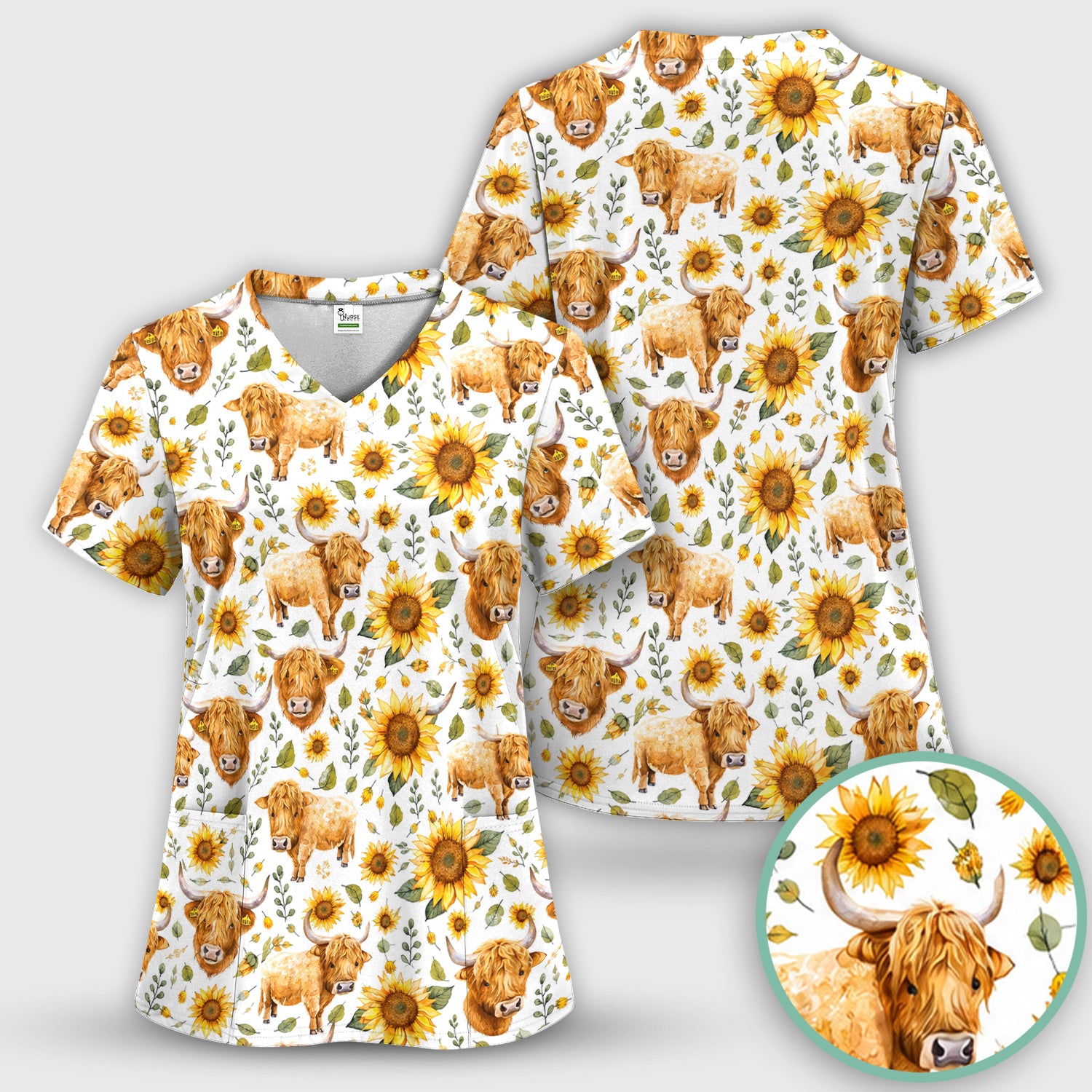 Highland Cow Sunflower Pattern Scrub Top, Comfortable Scrubs for Nurses
