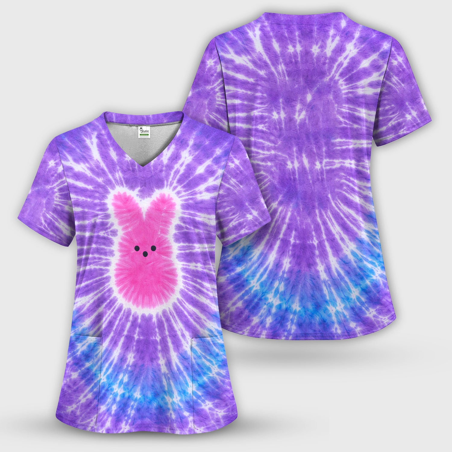 Easter Peep Tie Dye Scrub Top, Easter Bunny Nurse Shirt For Women, Breathable Fabrics Nursing Uniform