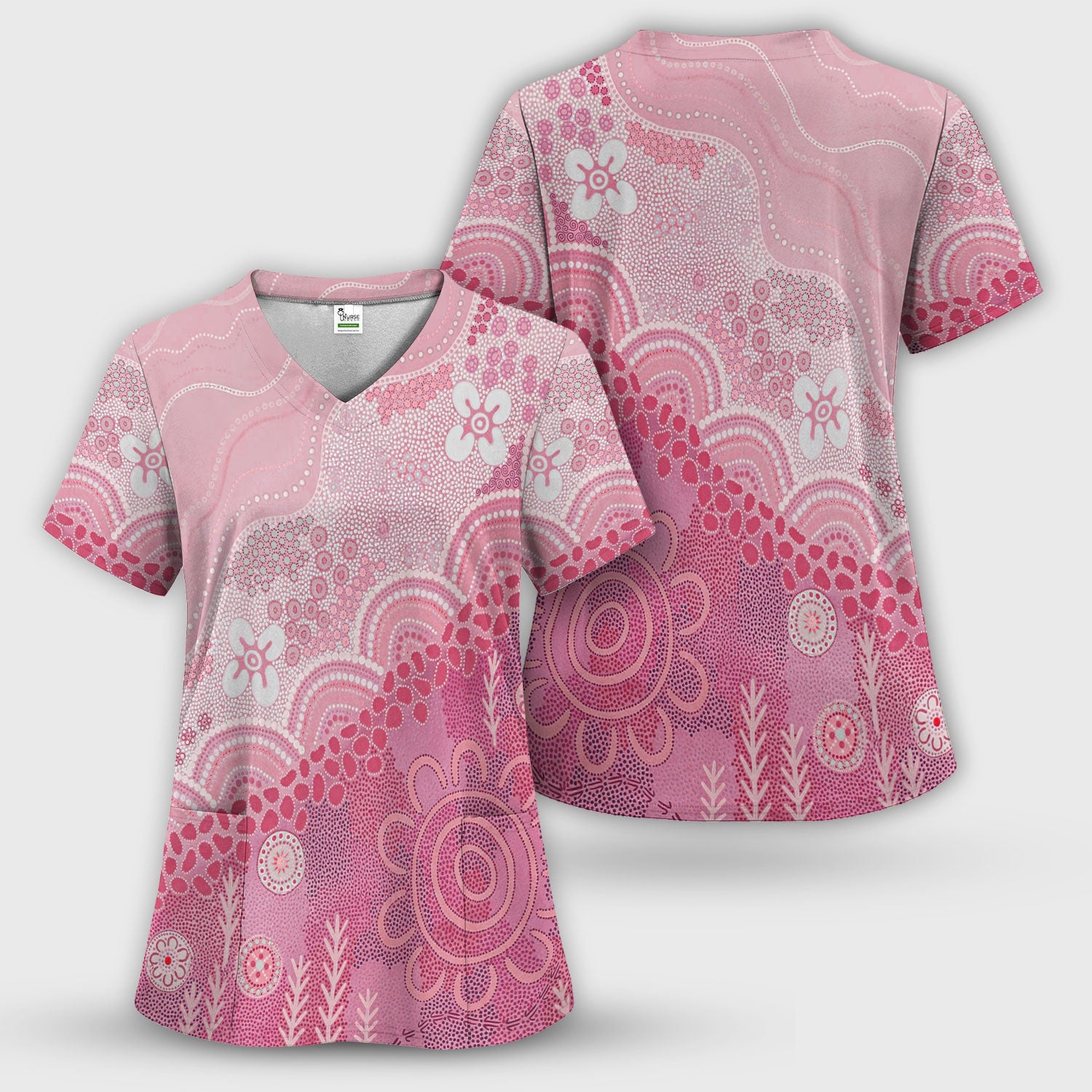 Floral Mandala Dot Pattern Women's Scrub Set, Scrub Pants and V Neck Top