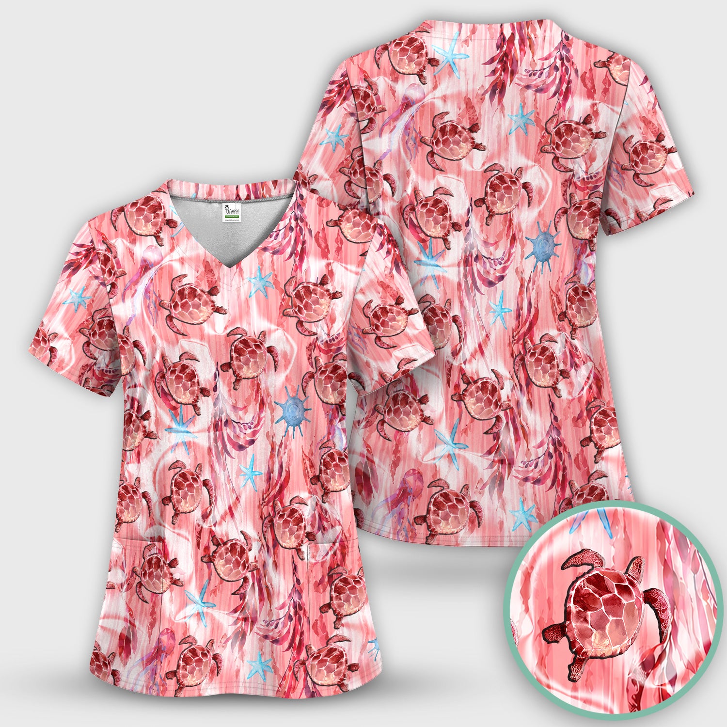 Pink Sea Turtle Ocean Pattern Scrub Top, Comfortable Scrubs for Nurses