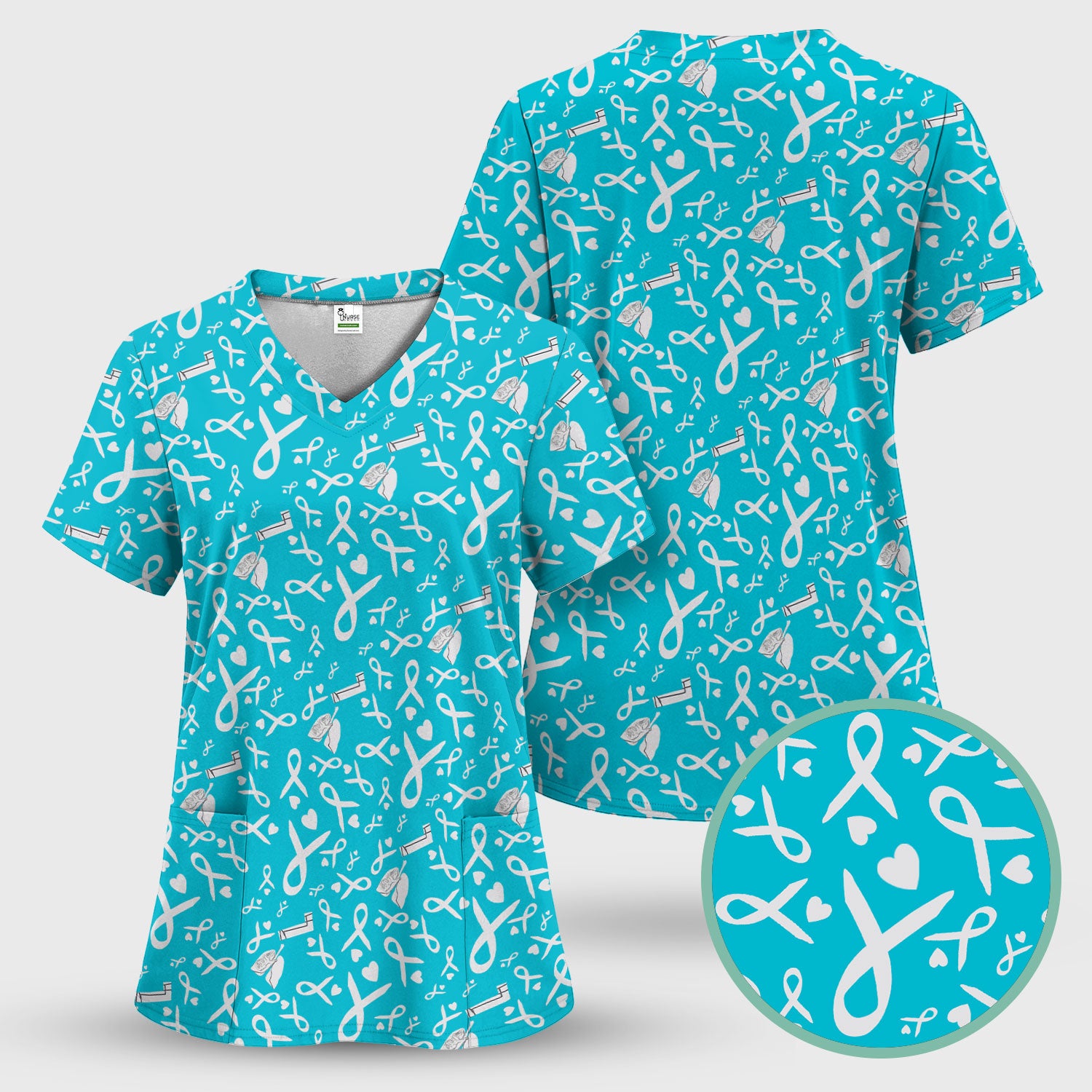 Lung Cancer Awareness Nurse Scrub Top - Gray Ribbon Inhaler & Lungs Pattern - COPD Asthma Medical Uniform Gift for RN LPN CNA