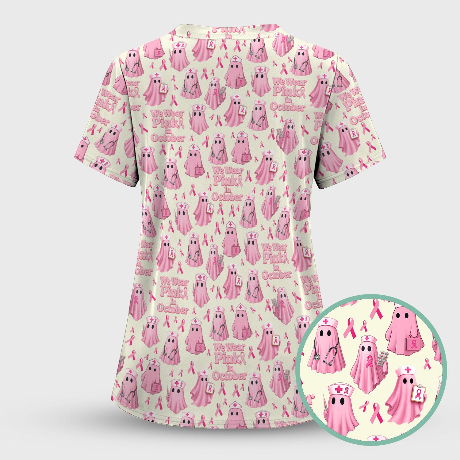 Halloween Breast Cancer Awareness Scrub - We Wear Pink In October & Ghost Nurse Design - October Gift for RN LPN CNA