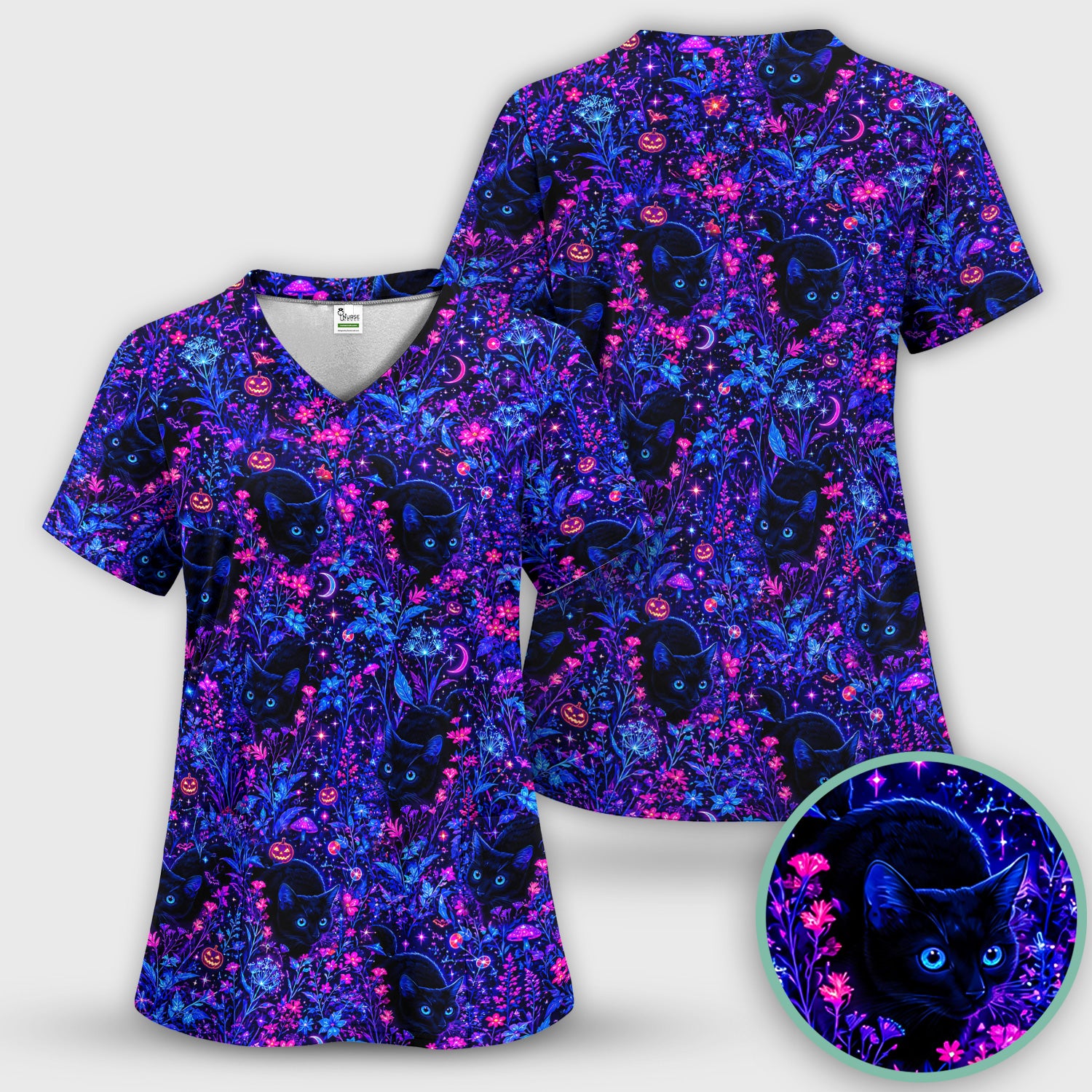 Spooky Black Cat Garden Pattern Scrub Set, Scrub Pants and V Neck Top