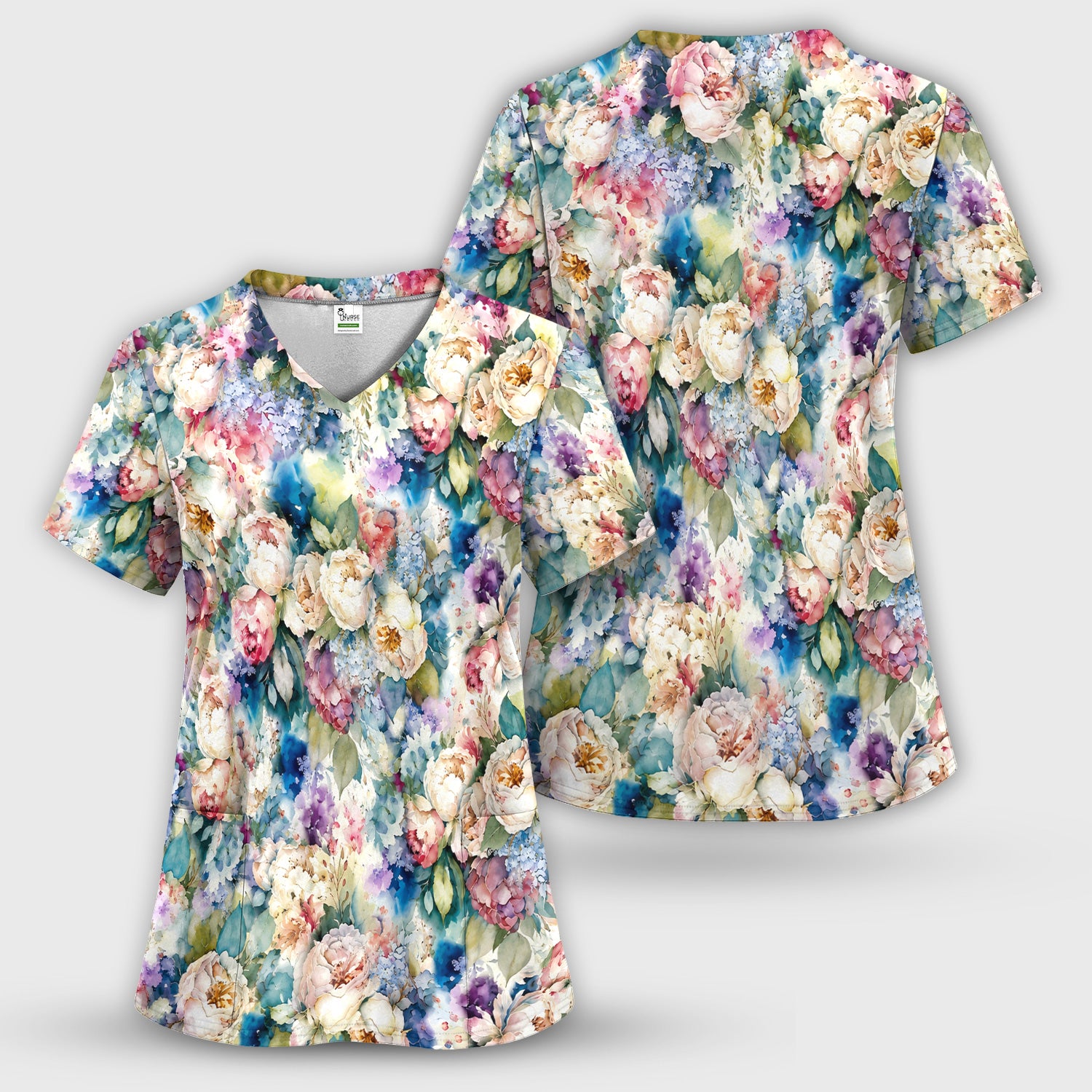 Watercolor Peony Hydrangea Floral Print Scrub Set, Scrub Pants and V Neck Top