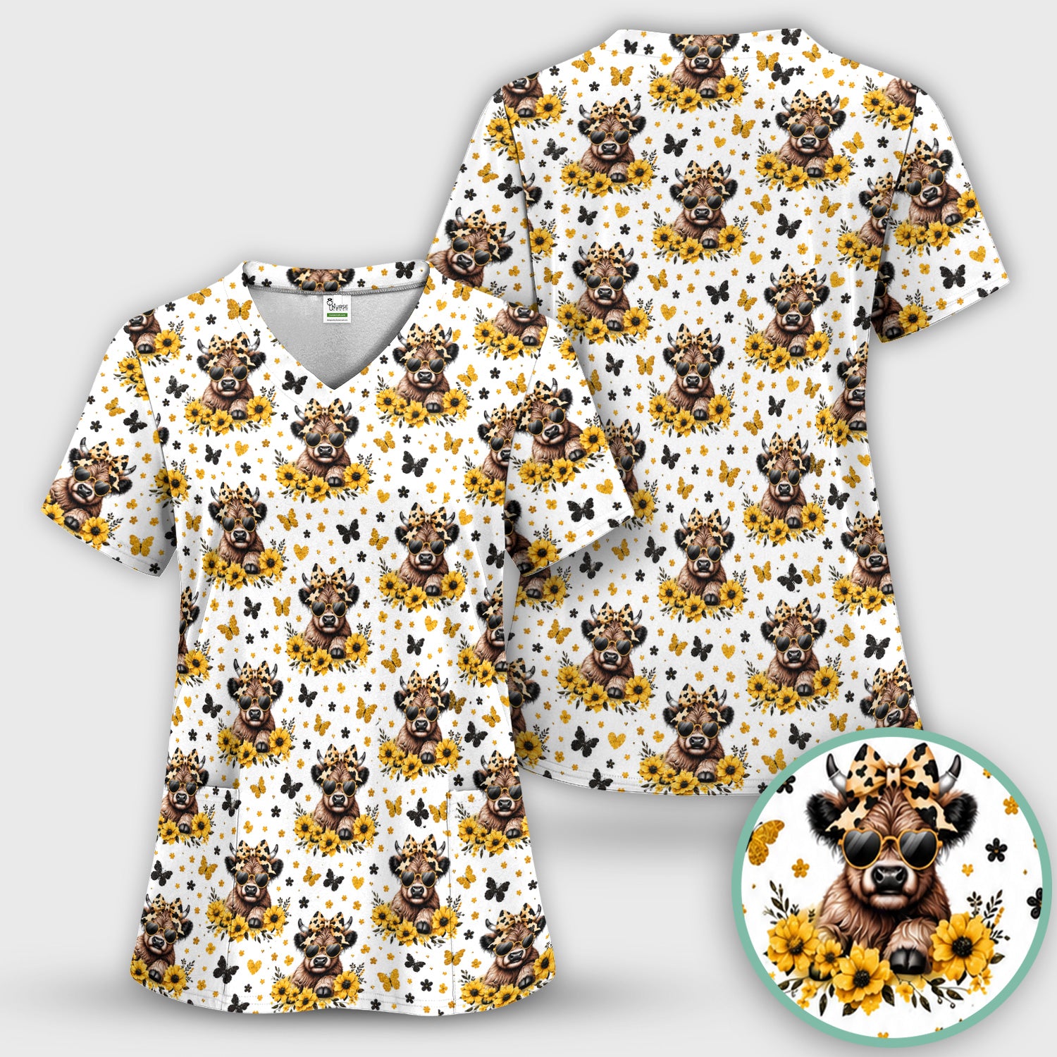 Sassy Highland Cow Sunflower Pattern Scrub Top, Comfortable Scrubs for Nurses
