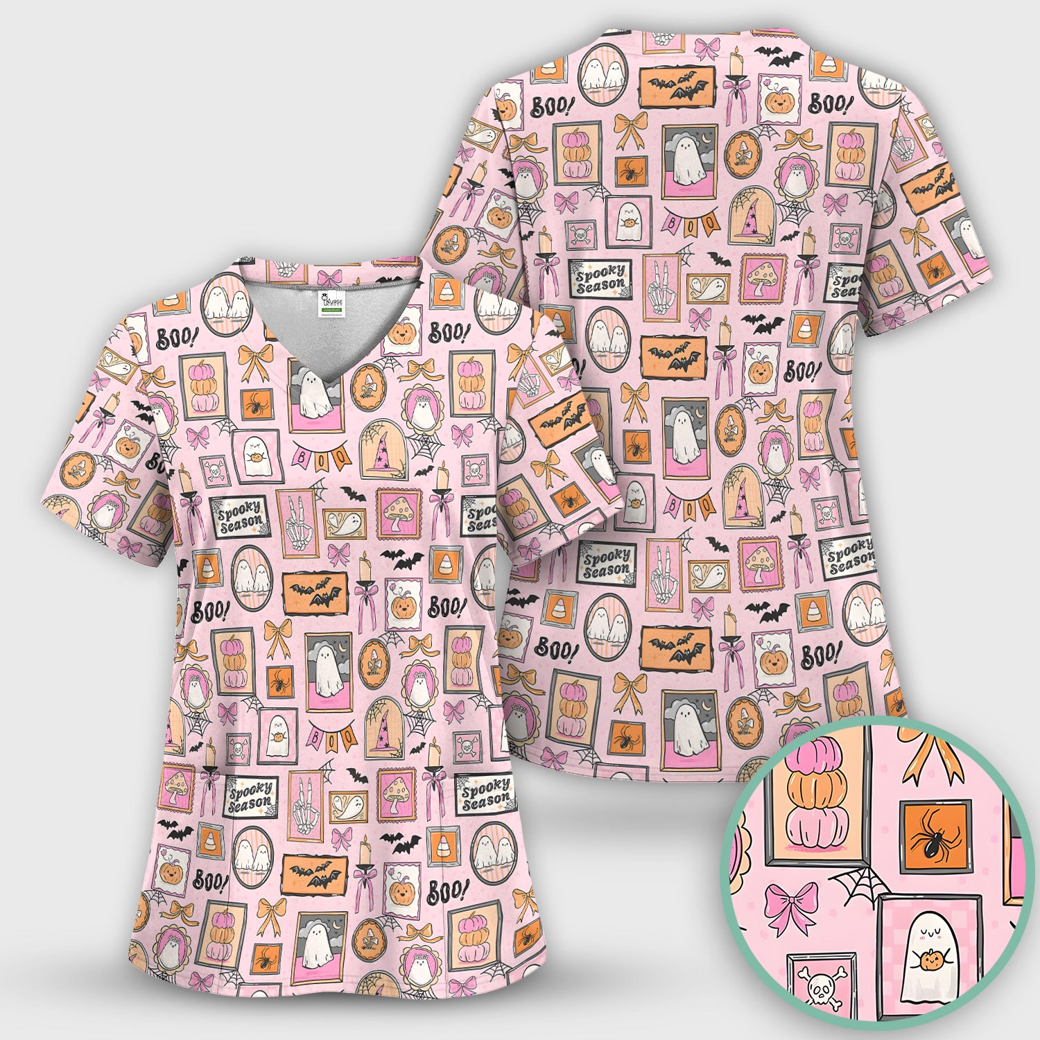Pink Halloween Ghost Gallery Print Scrub Top, Comfortable Scrubs for Nurses