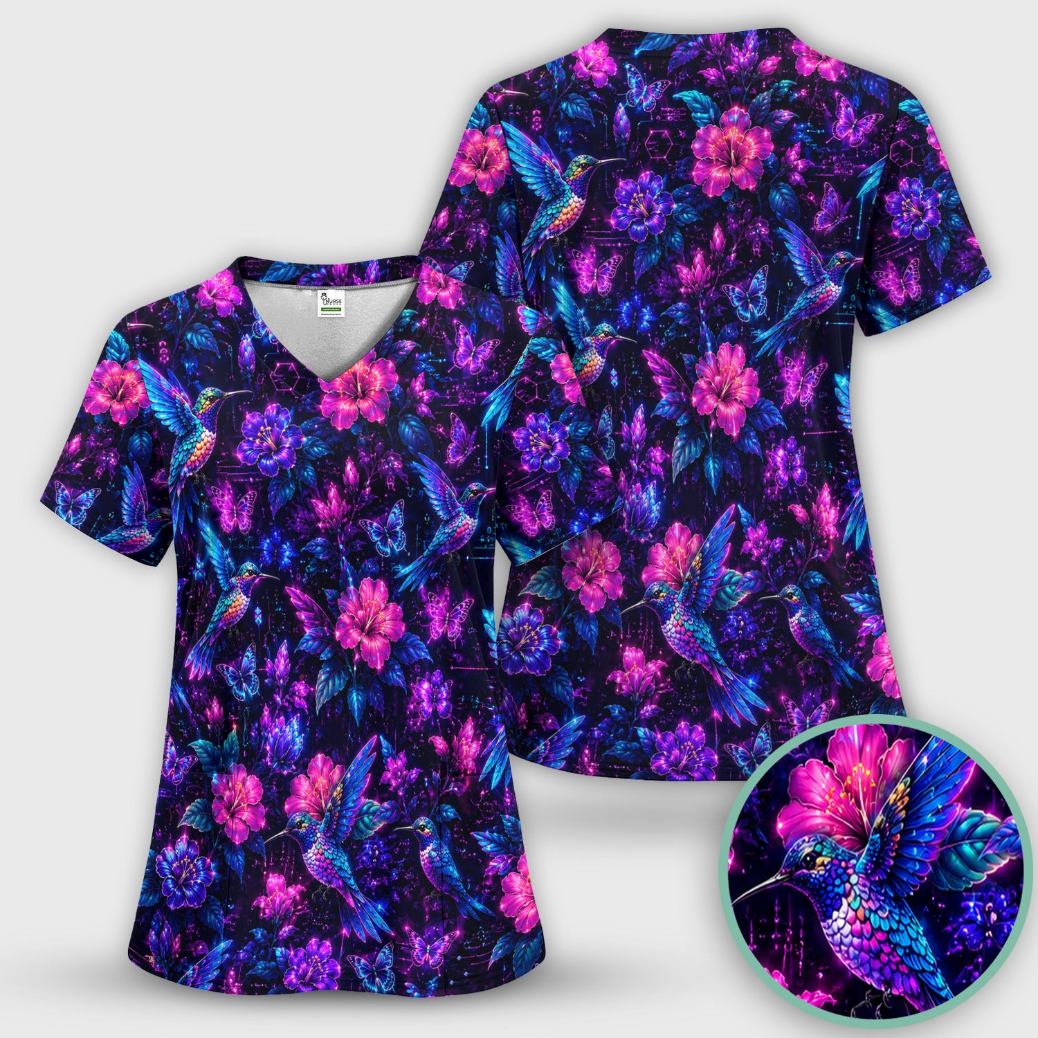 Neon Hummingbird Butterfly Bloom Pattern Scrub Top, Comfortable Scrubs for Nurses