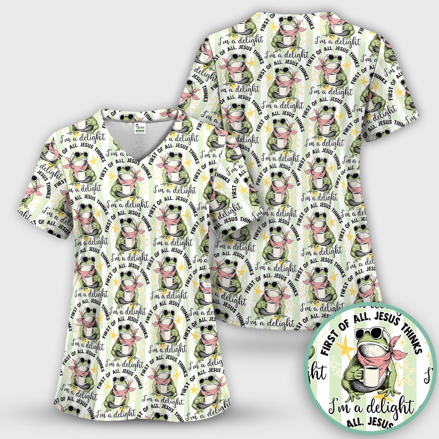 Funny Frog Coffee Quote Pattern Scrub Set, Scrub Pants and V Neck Top