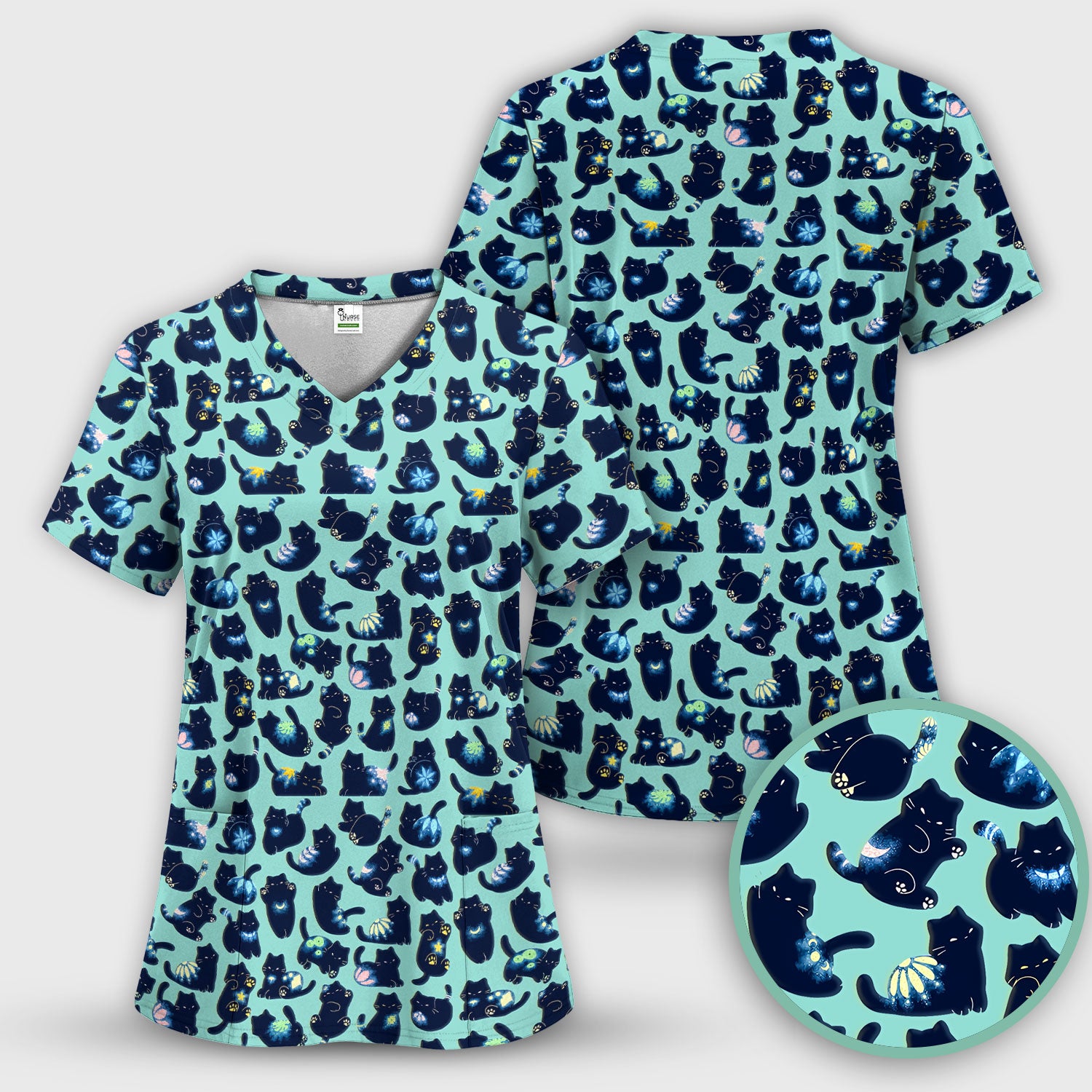 Midnight Cat Scrub Top, Black Cat Pattern Nurse Shirt, Breathable Fabrics Nursing Uniform